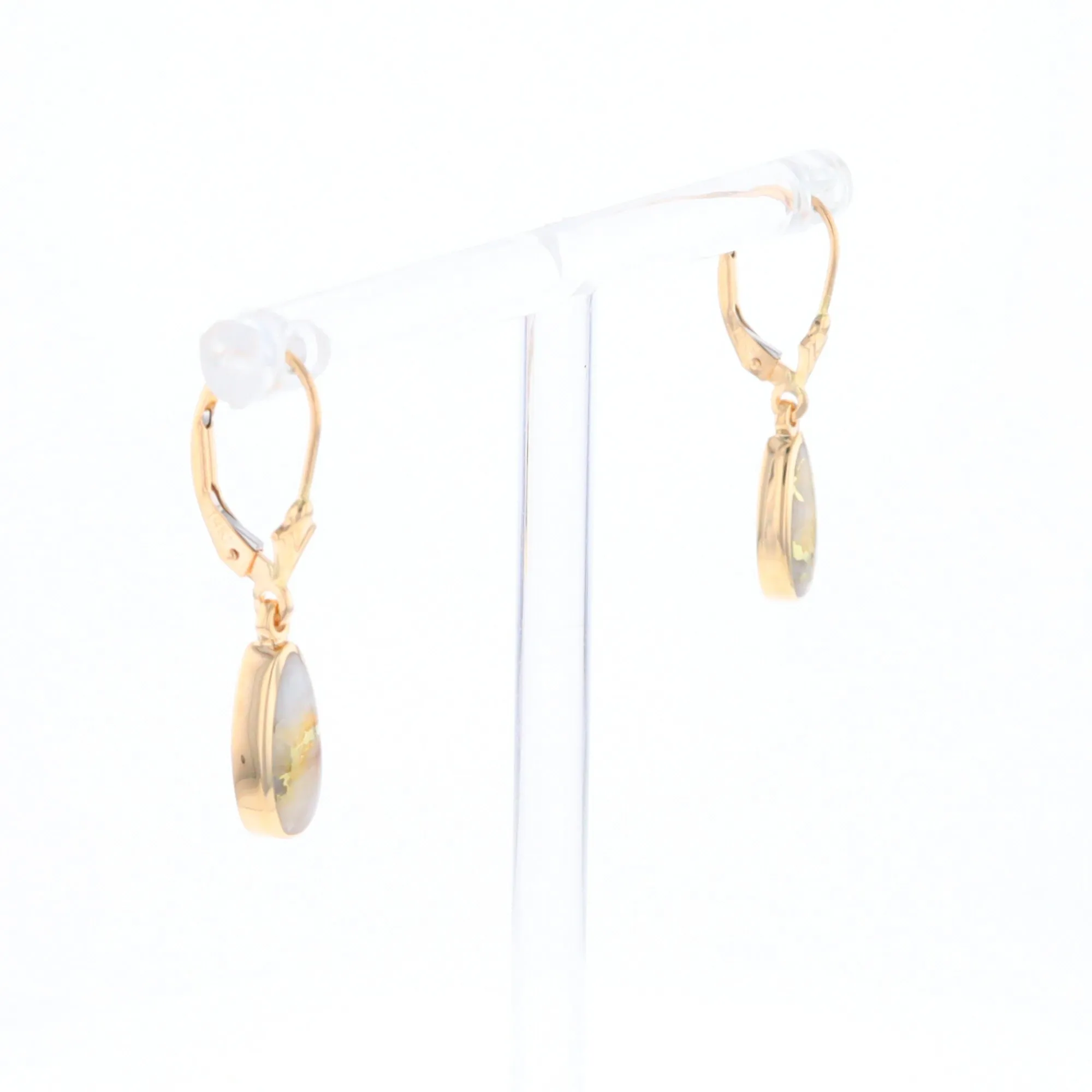 Gold Quartz Earrings Tear Drop Inlaid Lever Backs