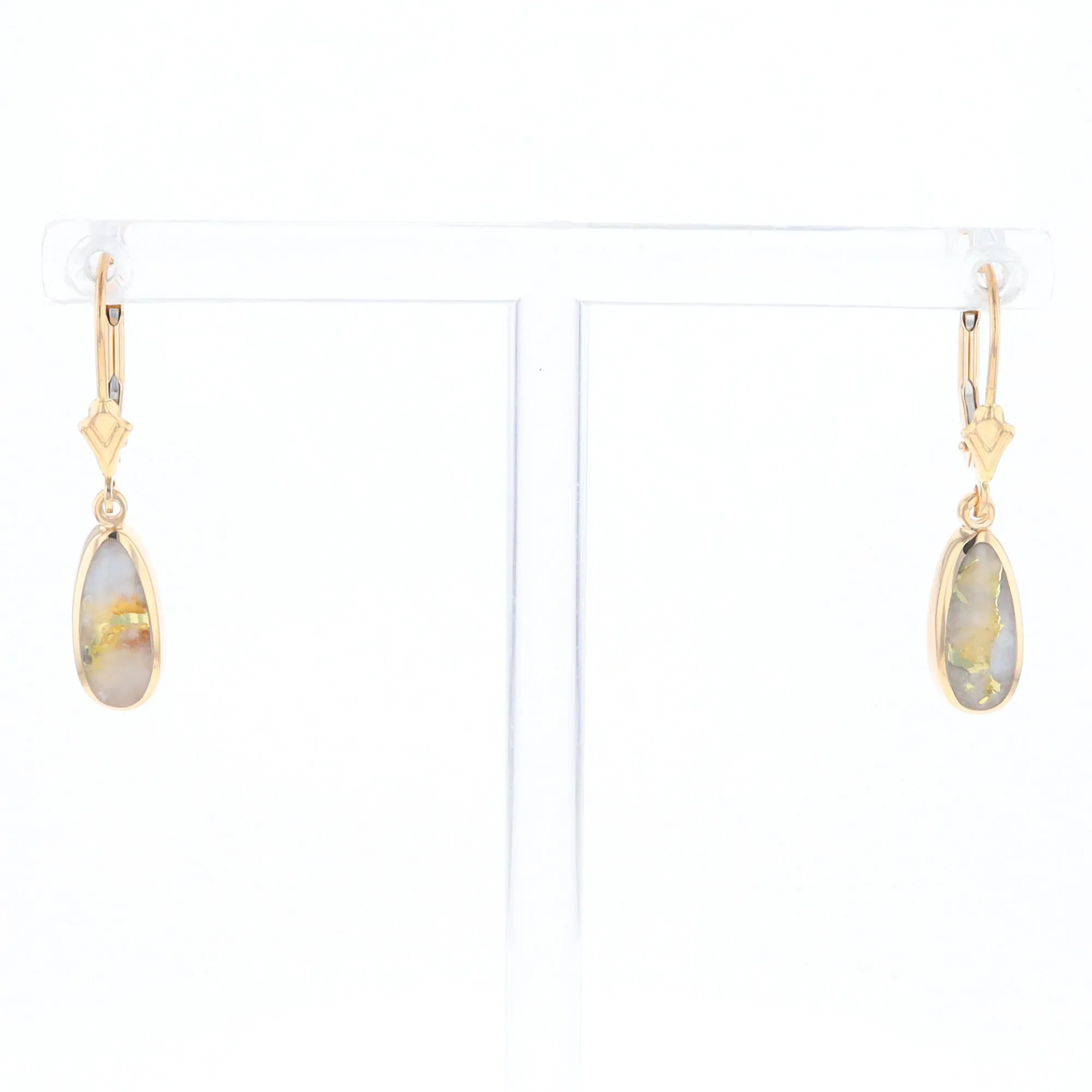 Gold Quartz Earrings Tear Drop Inlaid Lever Backs