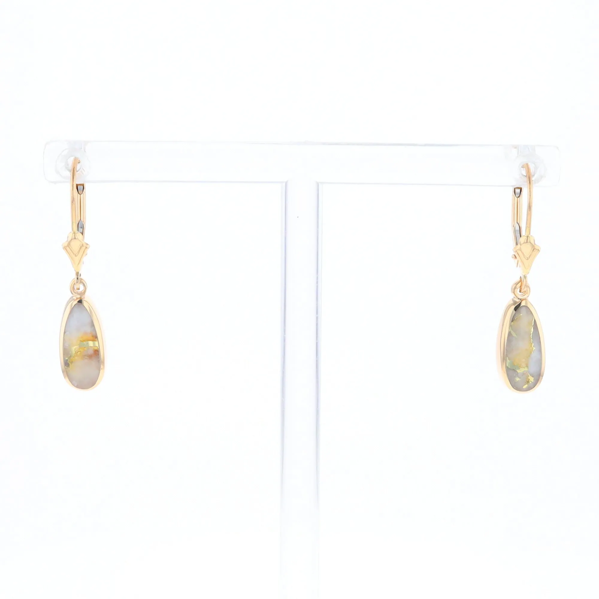 Gold Quartz Earrings Tear Drop Inlaid Lever Backs