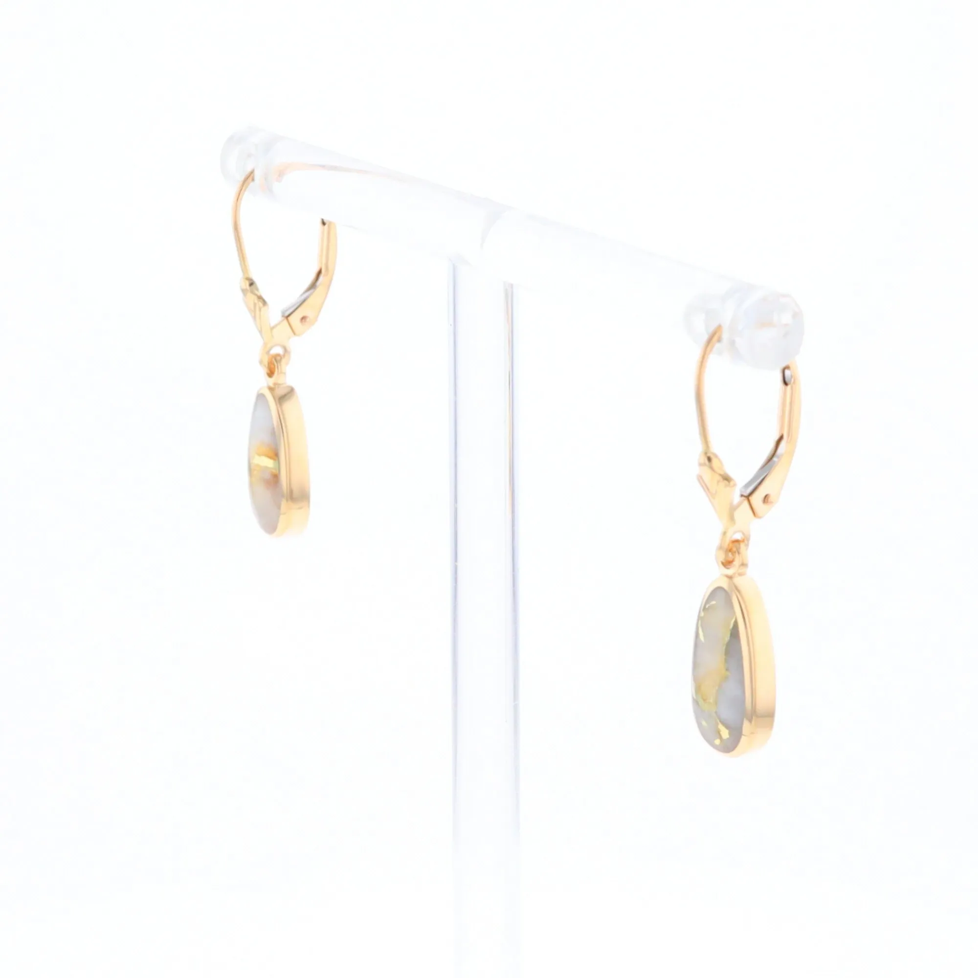 Gold Quartz Earrings Tear Drop Inlaid Lever Backs