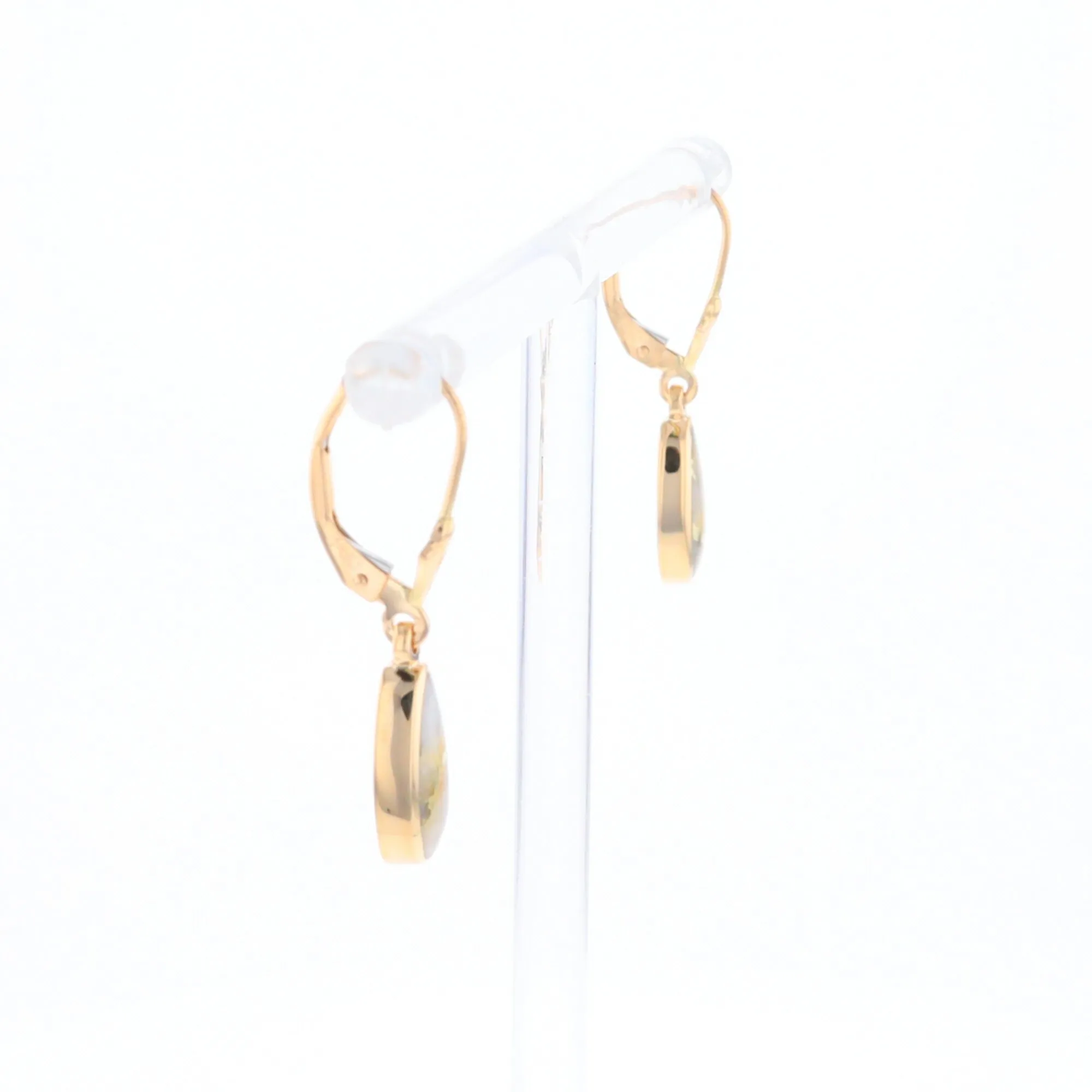 Gold Quartz Earrings Tear Drop Inlaid Lever Backs