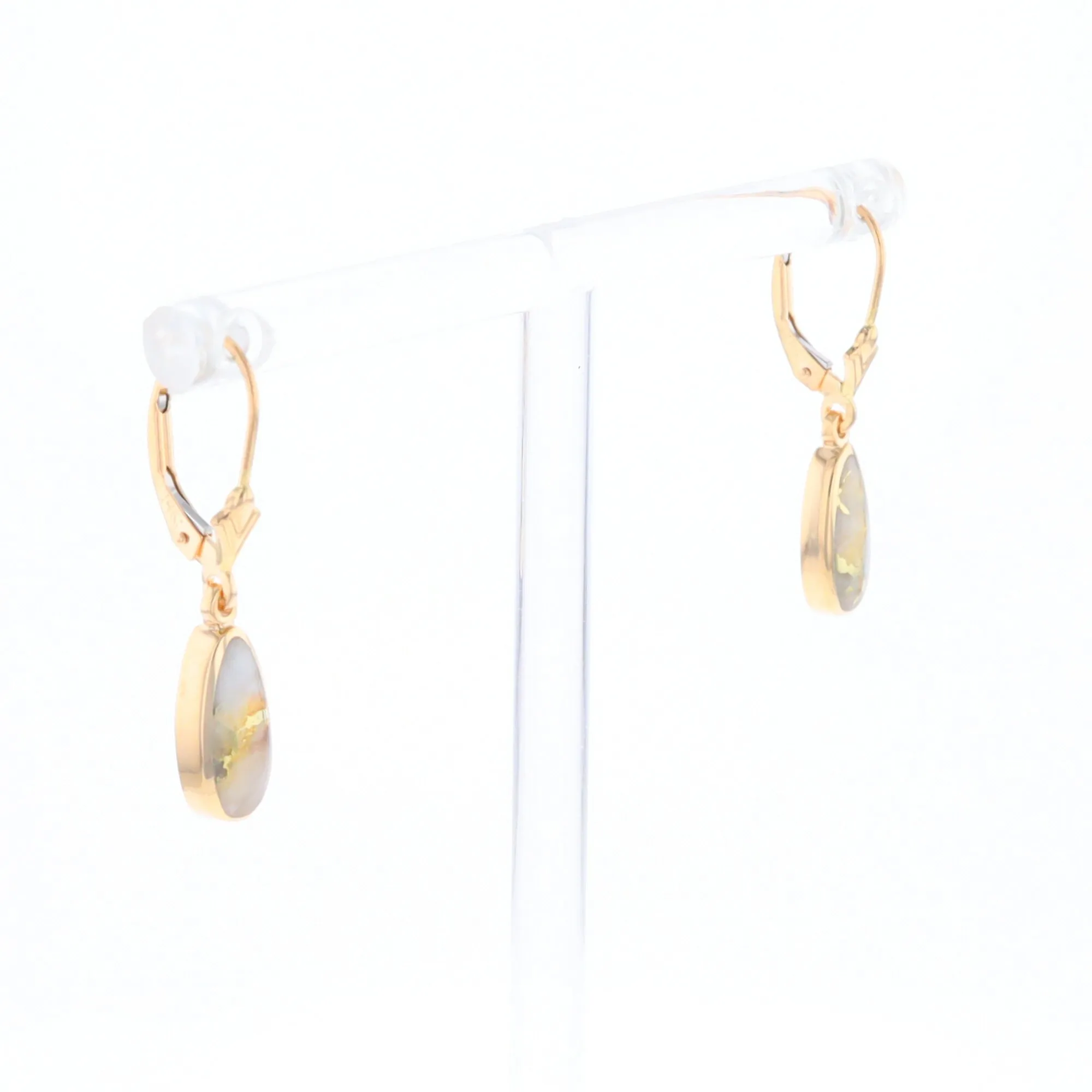 Gold Quartz Earrings Tear Drop Inlaid Lever Backs