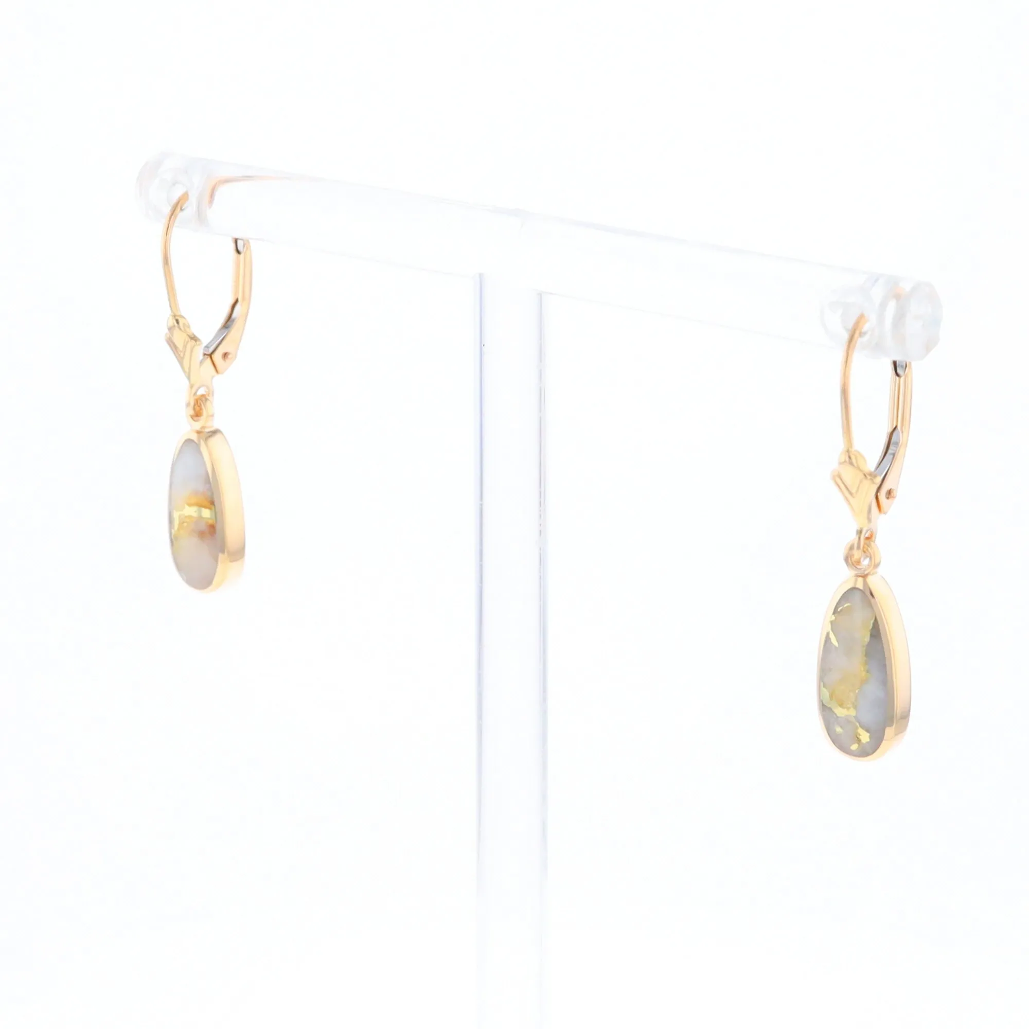 Gold Quartz Earrings Tear Drop Inlaid Lever Backs