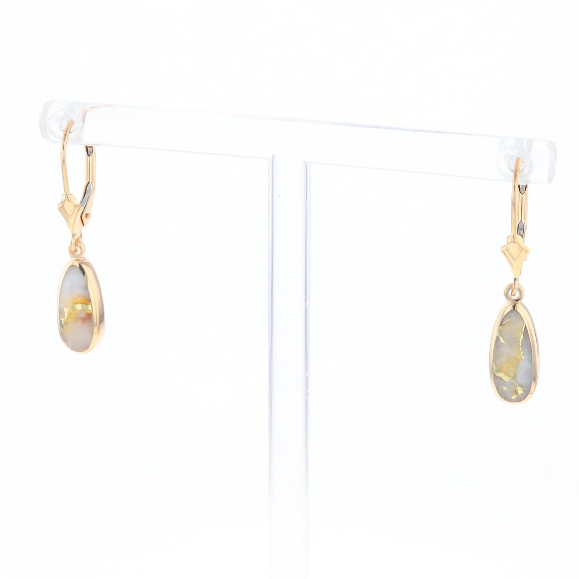 Gold Quartz Earrings Tear Drop Inlaid Lever Backs