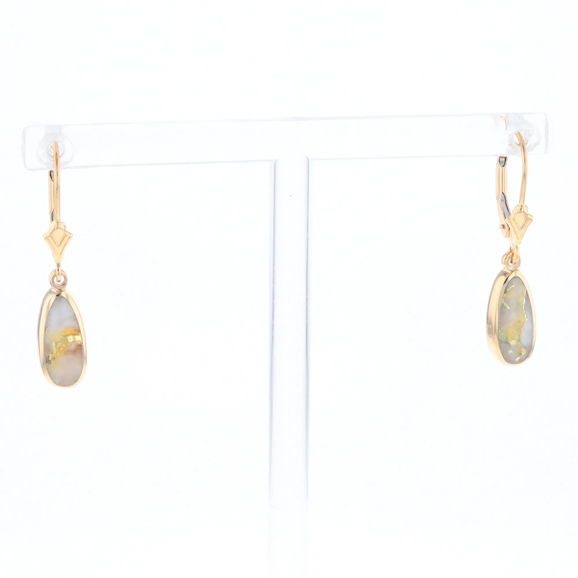 Gold Quartz Earrings Tear Drop Inlaid Lever Backs