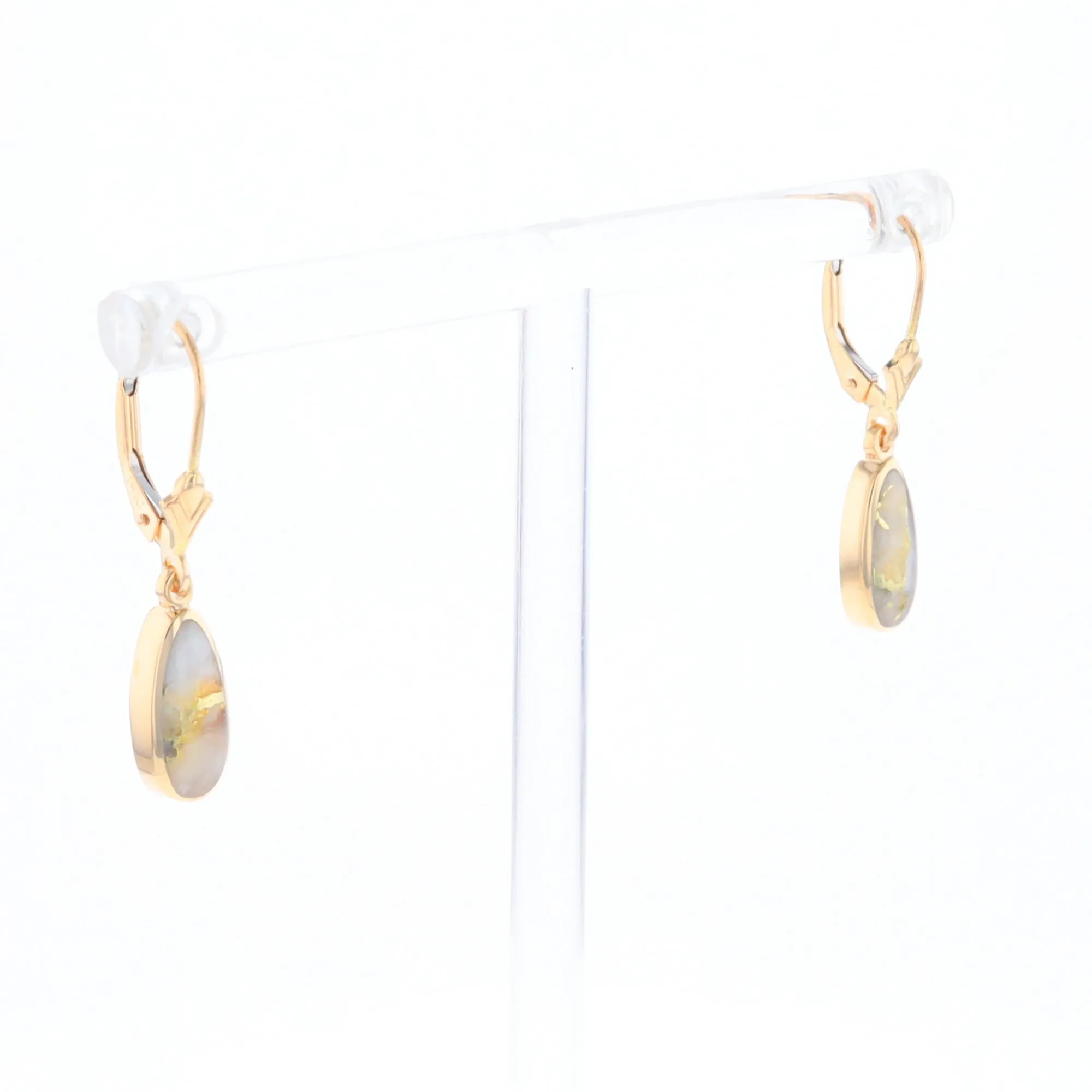 Gold Quartz Earrings Tear Drop Inlaid Lever Backs