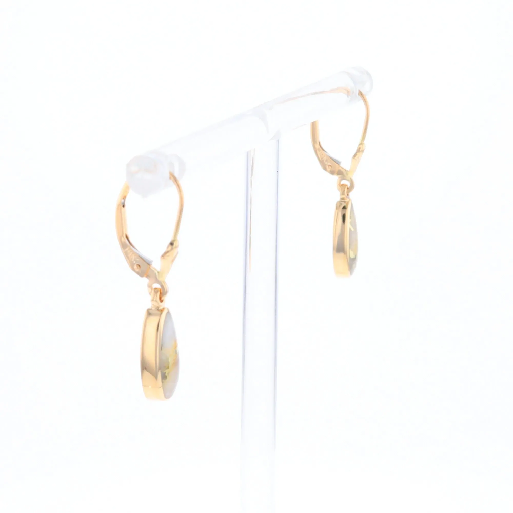 Gold Quartz Earrings Tear Drop Inlaid Lever Backs