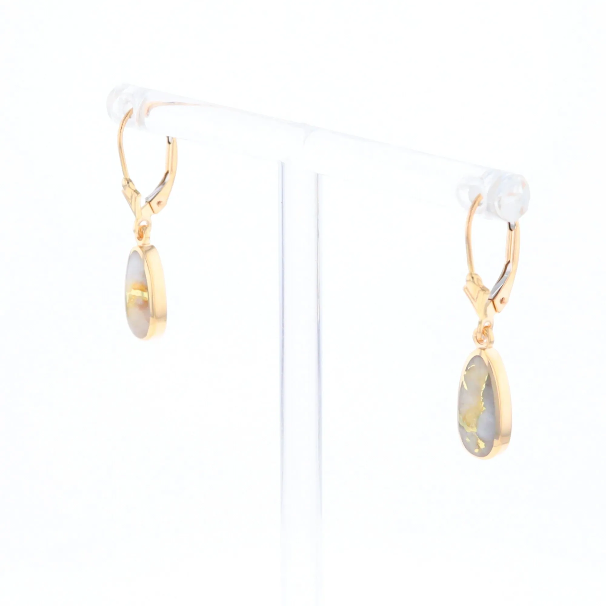 Gold Quartz Earrings Tear Drop Inlaid Lever Backs