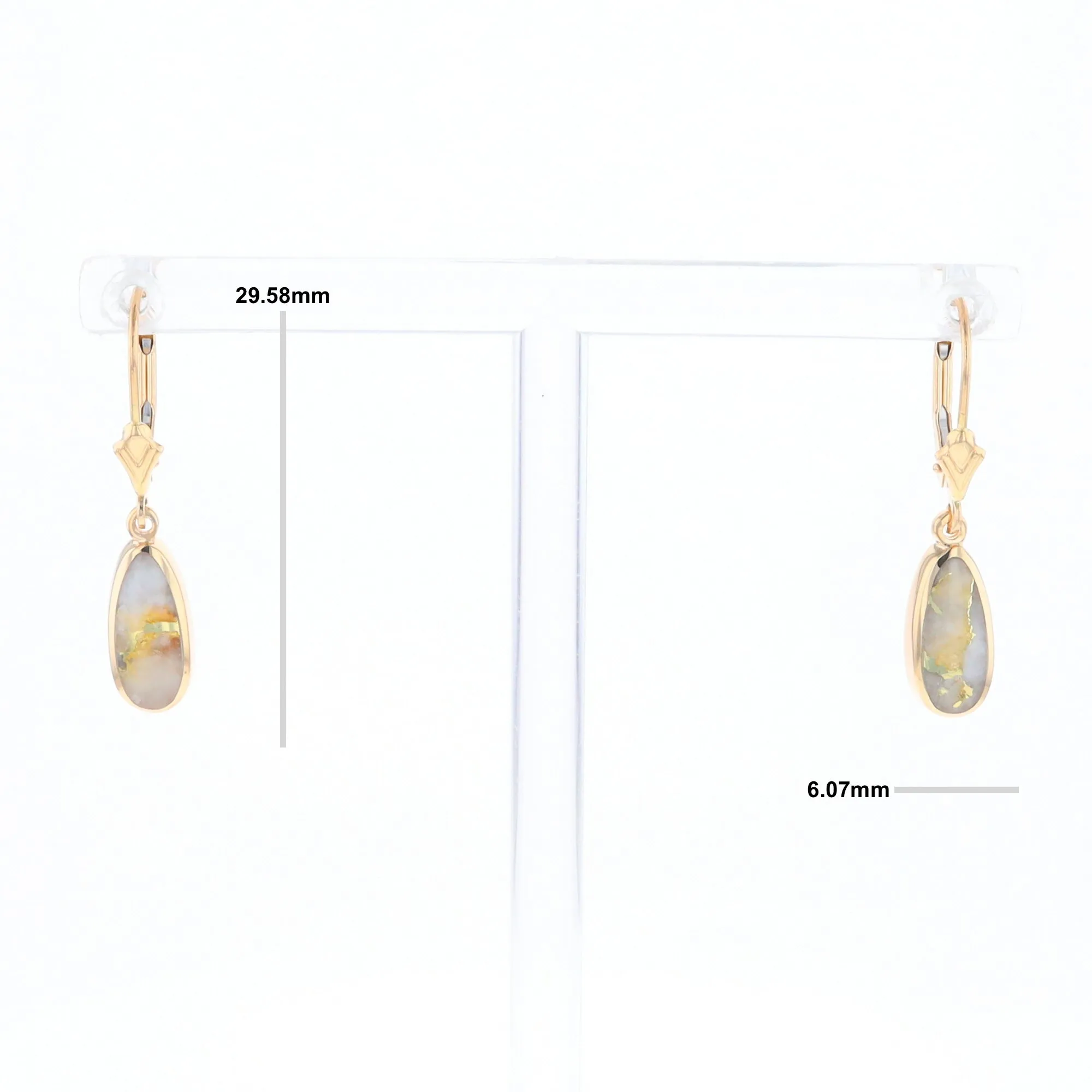 Gold Quartz Earrings Tear Drop Inlaid Lever Backs