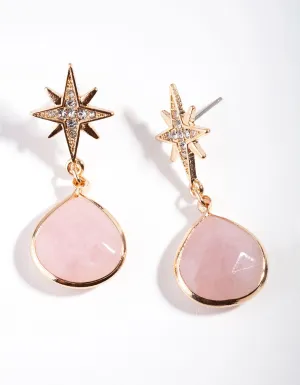 Gold Rose Quartz Star Stone Earrings