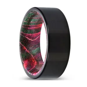 GOOSEBERRY | Green & Red Wood, Black Tungsten Ring, Shiny, Flat