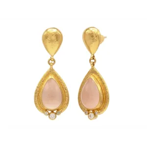 Gurhan One-of-a-Kind 24K Yellow Gold and 18K Vermeil Drop Cabochon Rose Quartz and Diamond Drop Earrings