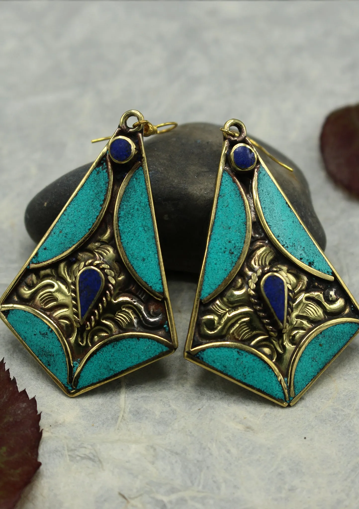 Handmade Diamond Shaped Turquoise and Lapis Resin Inlaid Mirr Hook Earrings