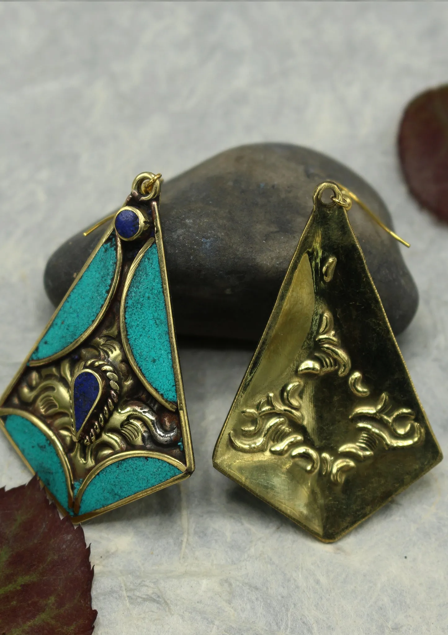 Handmade Diamond Shaped Turquoise and Lapis Resin Inlaid Mirr Hook Earrings