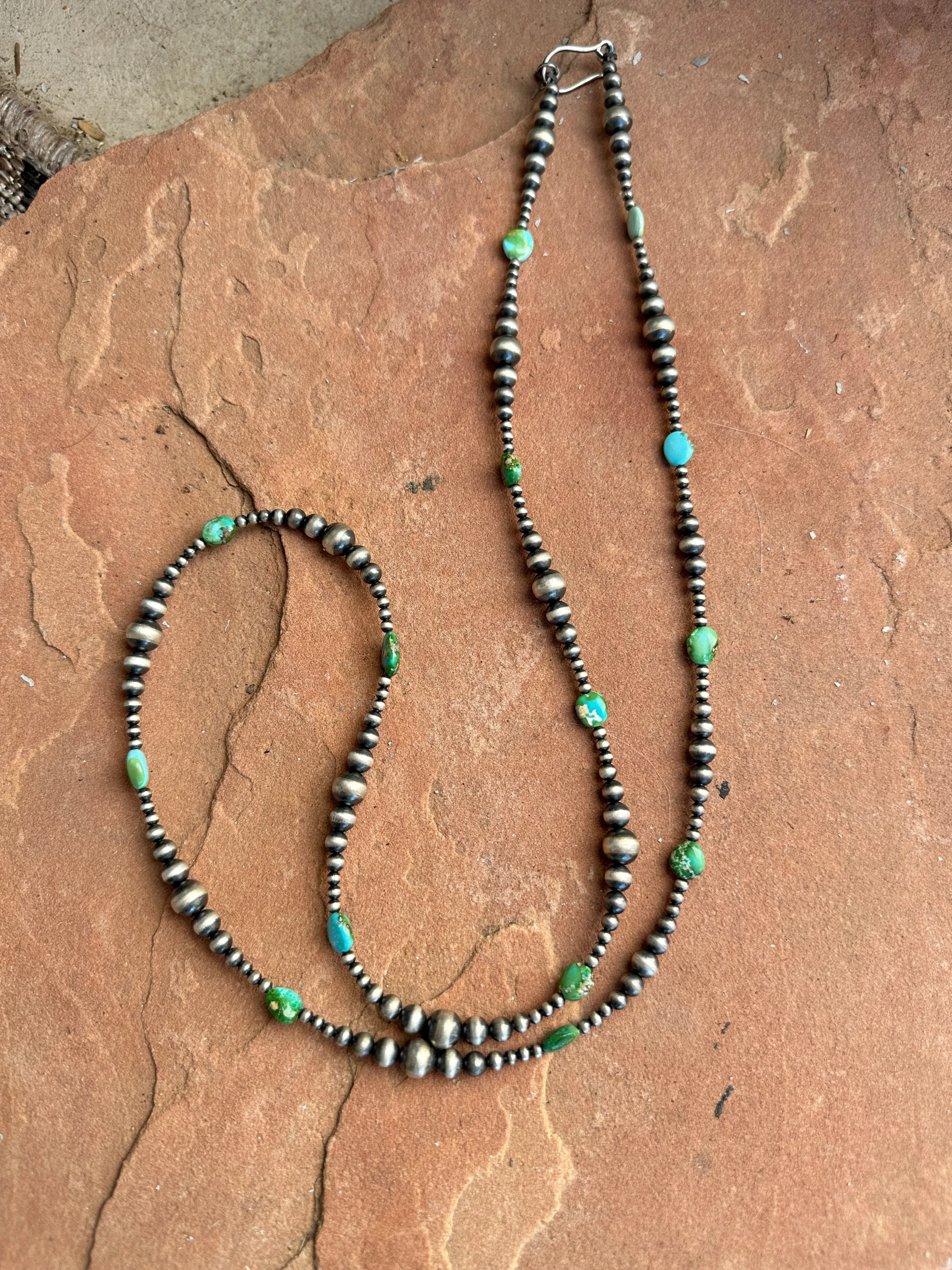 Handmade Sterling Silver & Sonoran Mountain Turquoise Beaded 37 Inch Necklace