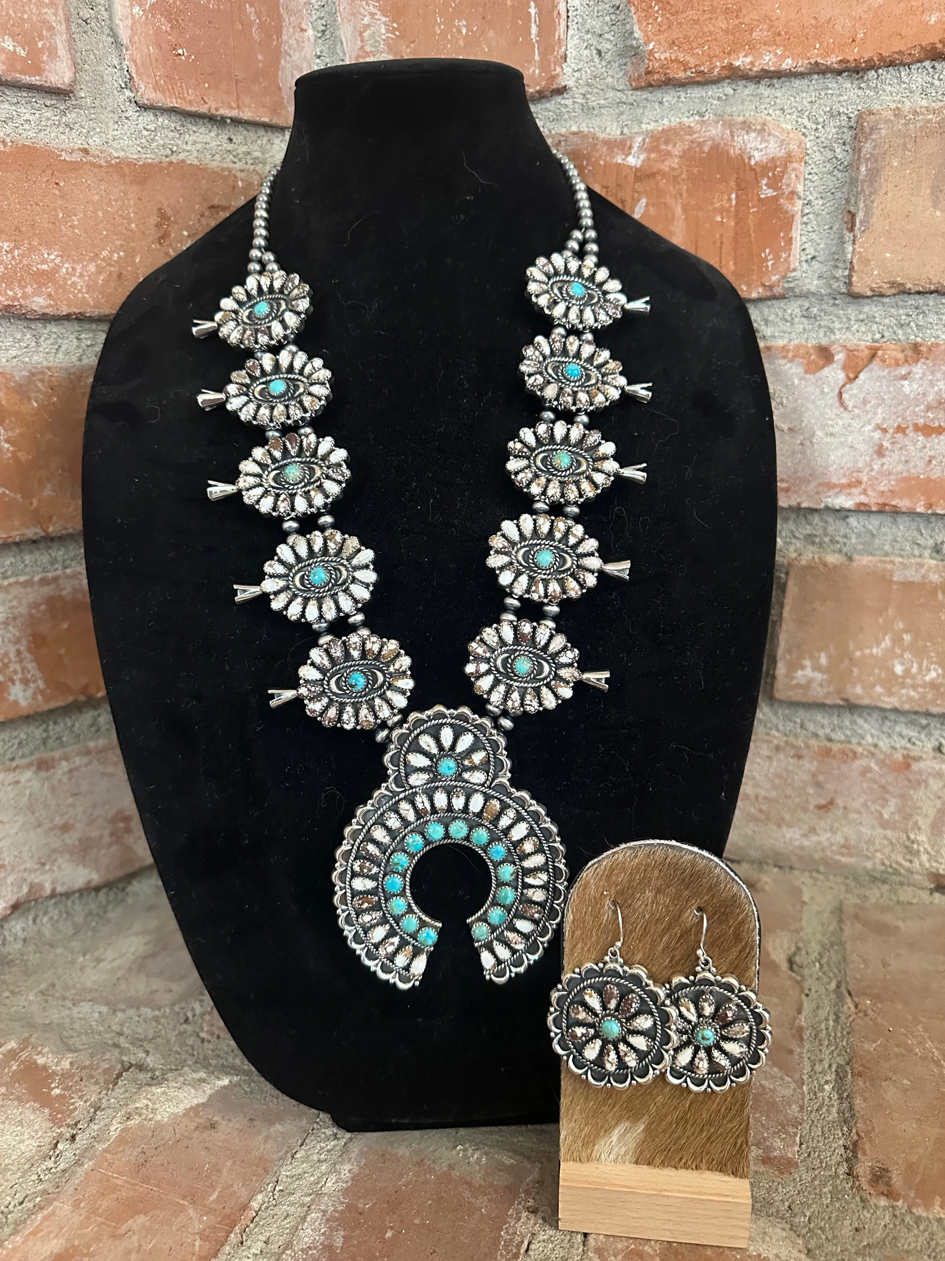 Handmade Sterling Silver, Wild Horse & Turquoise Squash Blossom Necklace Set Signed Nizhoni