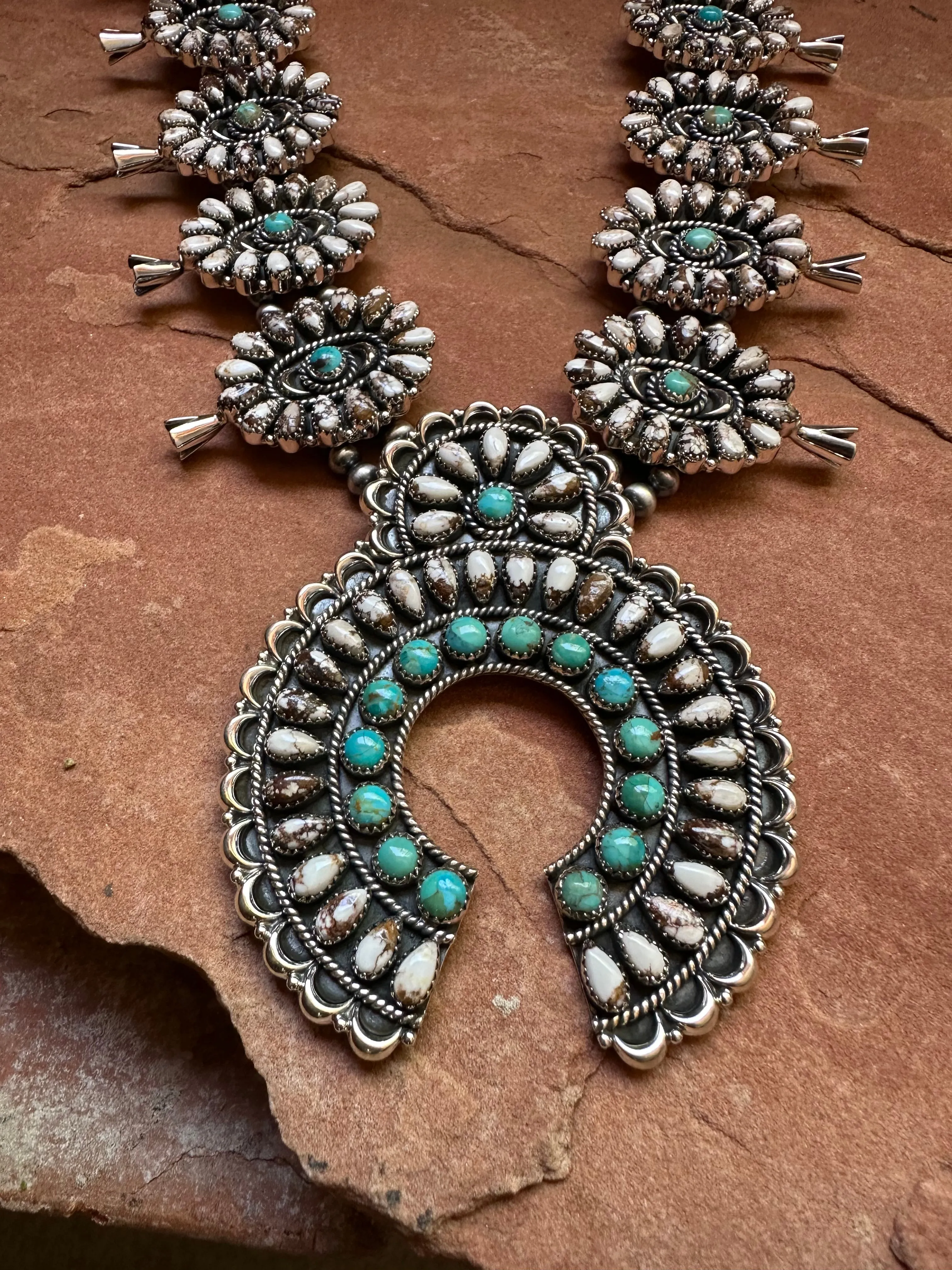 Handmade Sterling Silver, Wild Horse & Turquoise Squash Blossom Necklace Set Signed Nizhoni