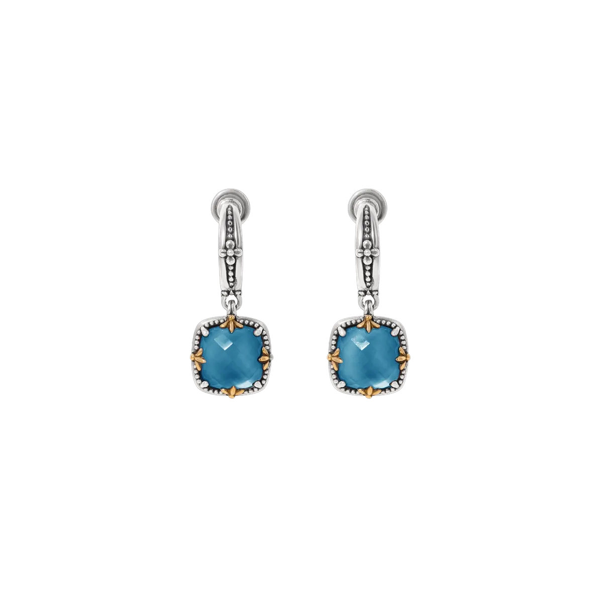 Konstantino Sterling Silver and 18K Yellow Gold Cushion Blue Marine Spinel Doublet Dangle Earrings