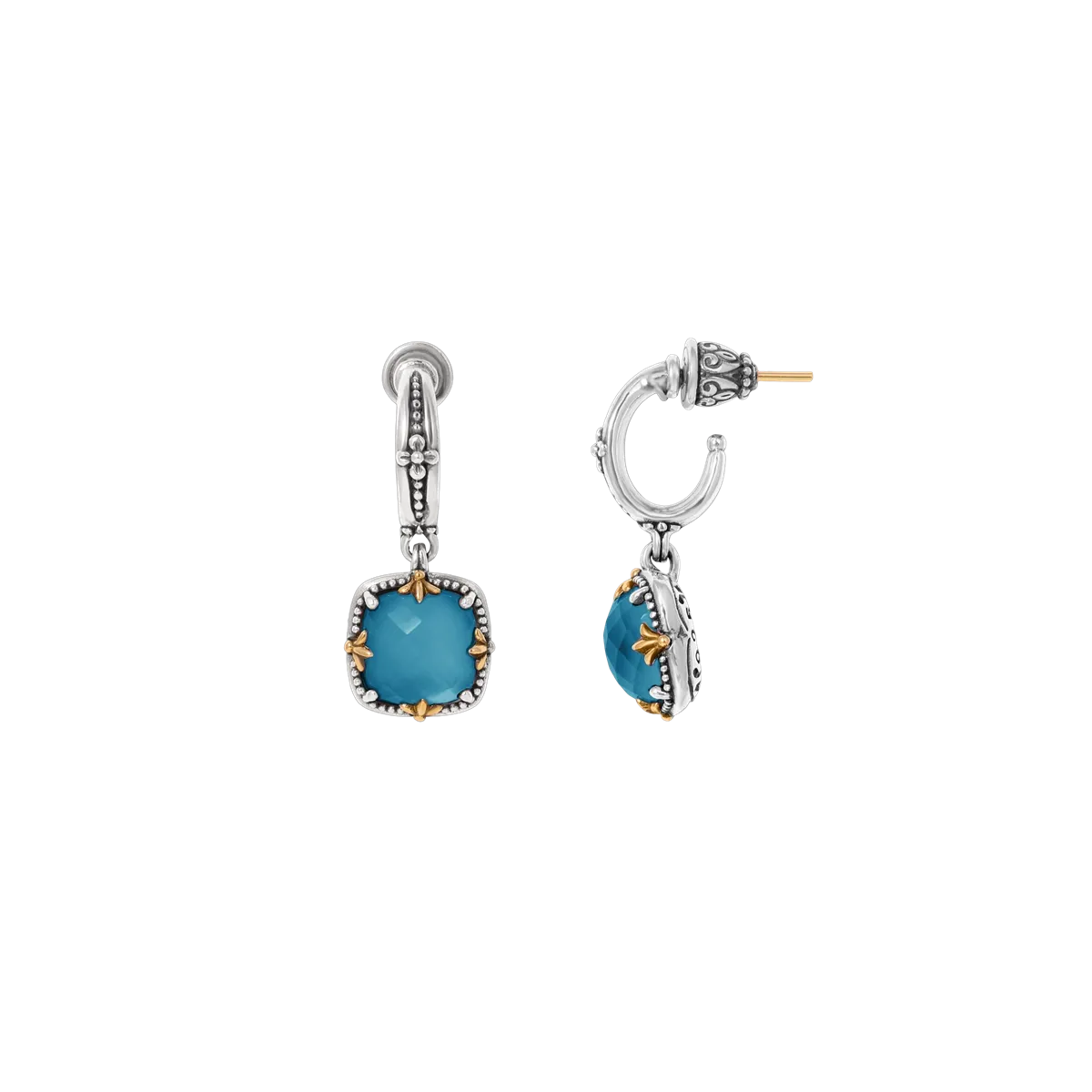 Konstantino Sterling Silver and 18K Yellow Gold Cushion Blue Marine Spinel Doublet Dangle Earrings