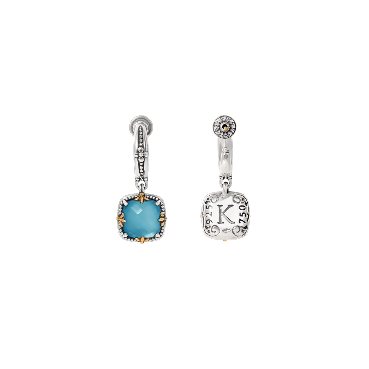 Konstantino Sterling Silver and 18K Yellow Gold Cushion Blue Marine Spinel Doublet Dangle Earrings