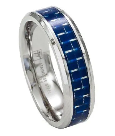 Men's Stainless Steel Wedding Band with Blue Carbon Fiber Inlay | 7mm