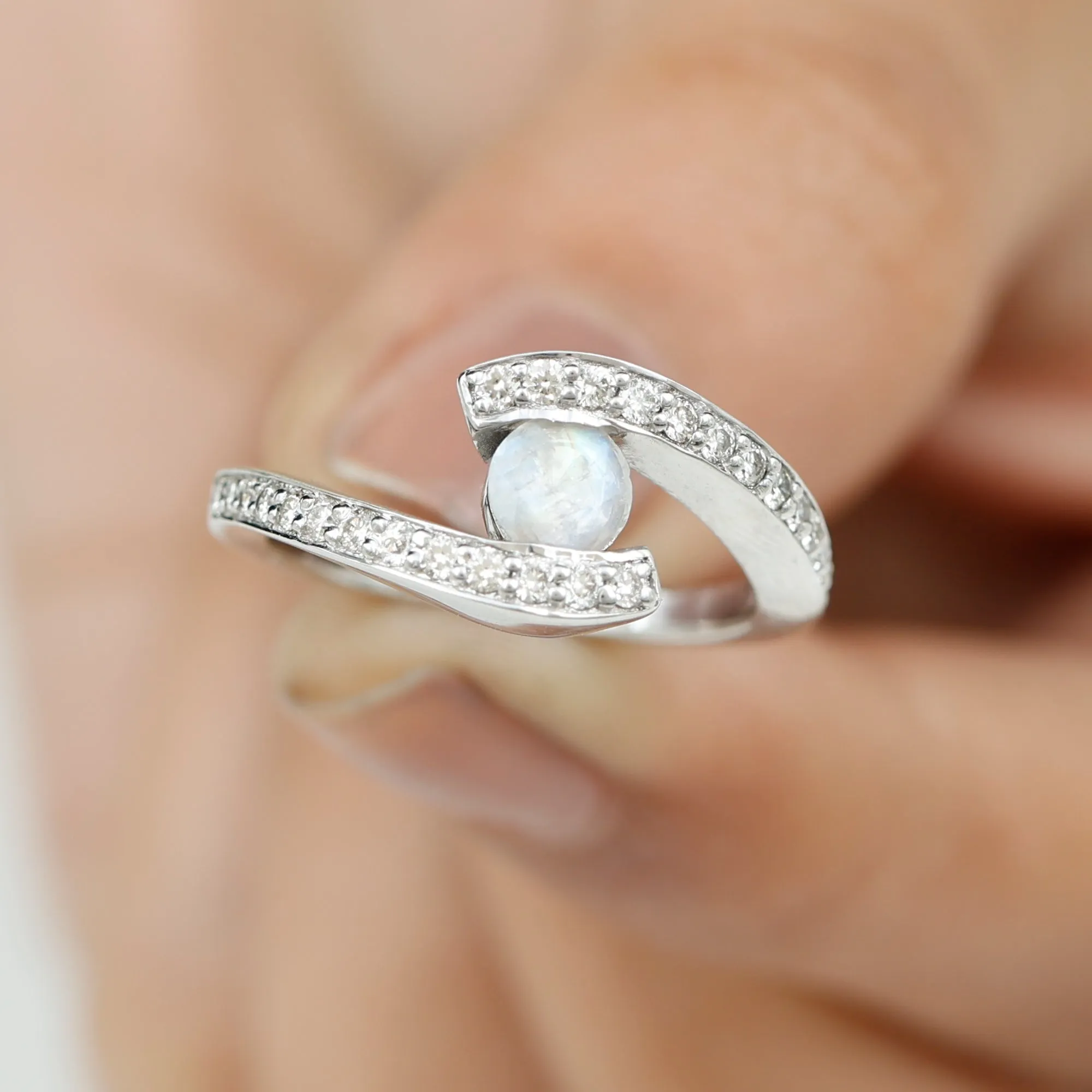 Moonstone Bypass Engagement Ring with Diamond