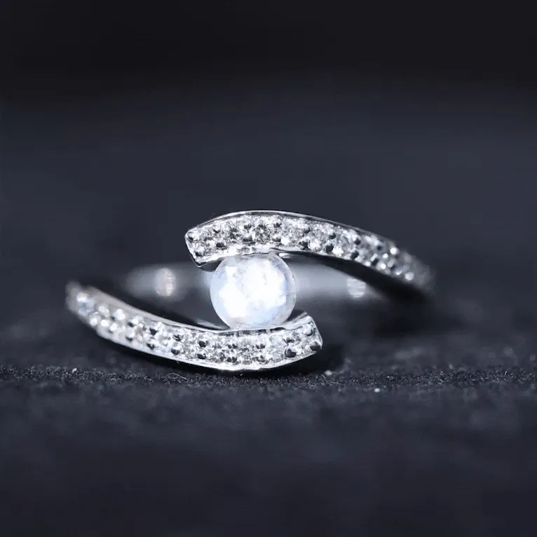 Moonstone Bypass Engagement Ring with Diamond