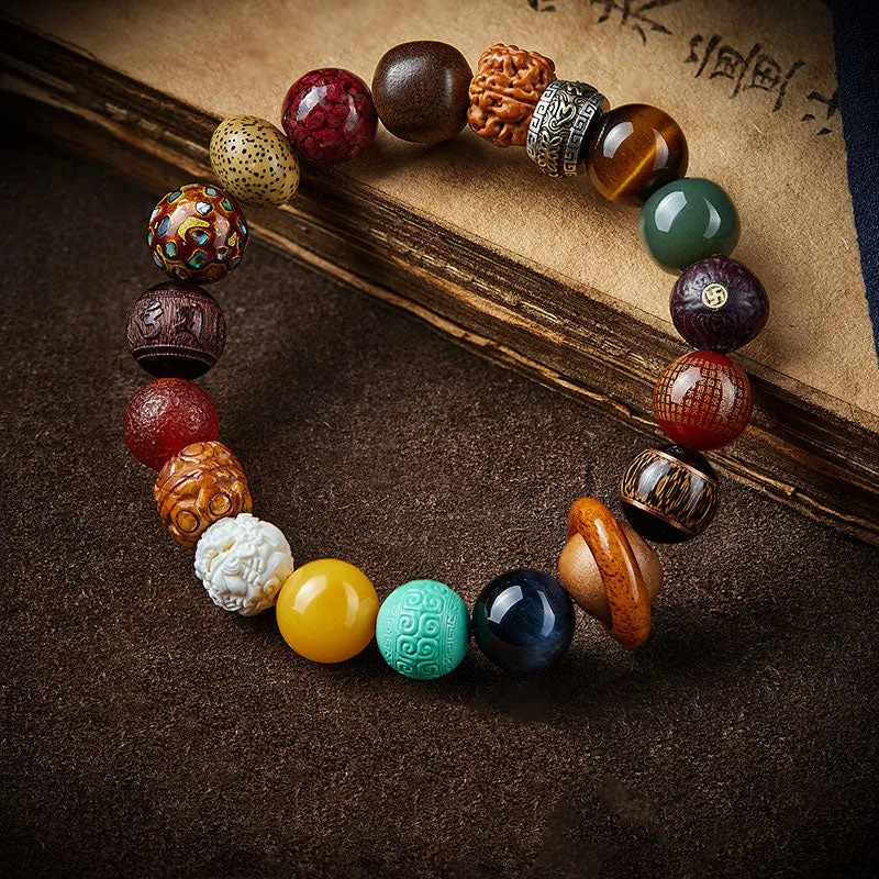 Multi-Gemstone Bodhi Seed Prajna Heart Sutra Six Character Bracelet for Men and Women