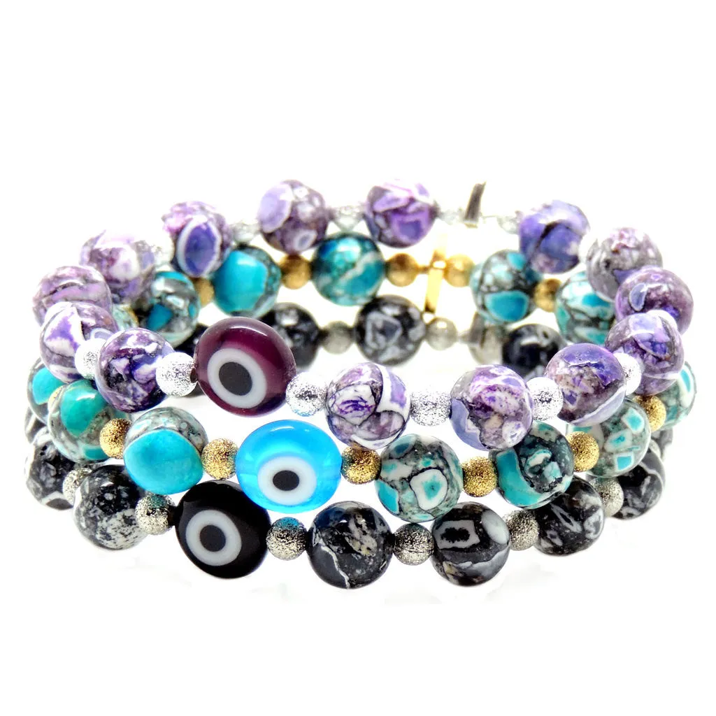 Multicolour Evil Eye Charm Stardust Cracked Agate Bracelet