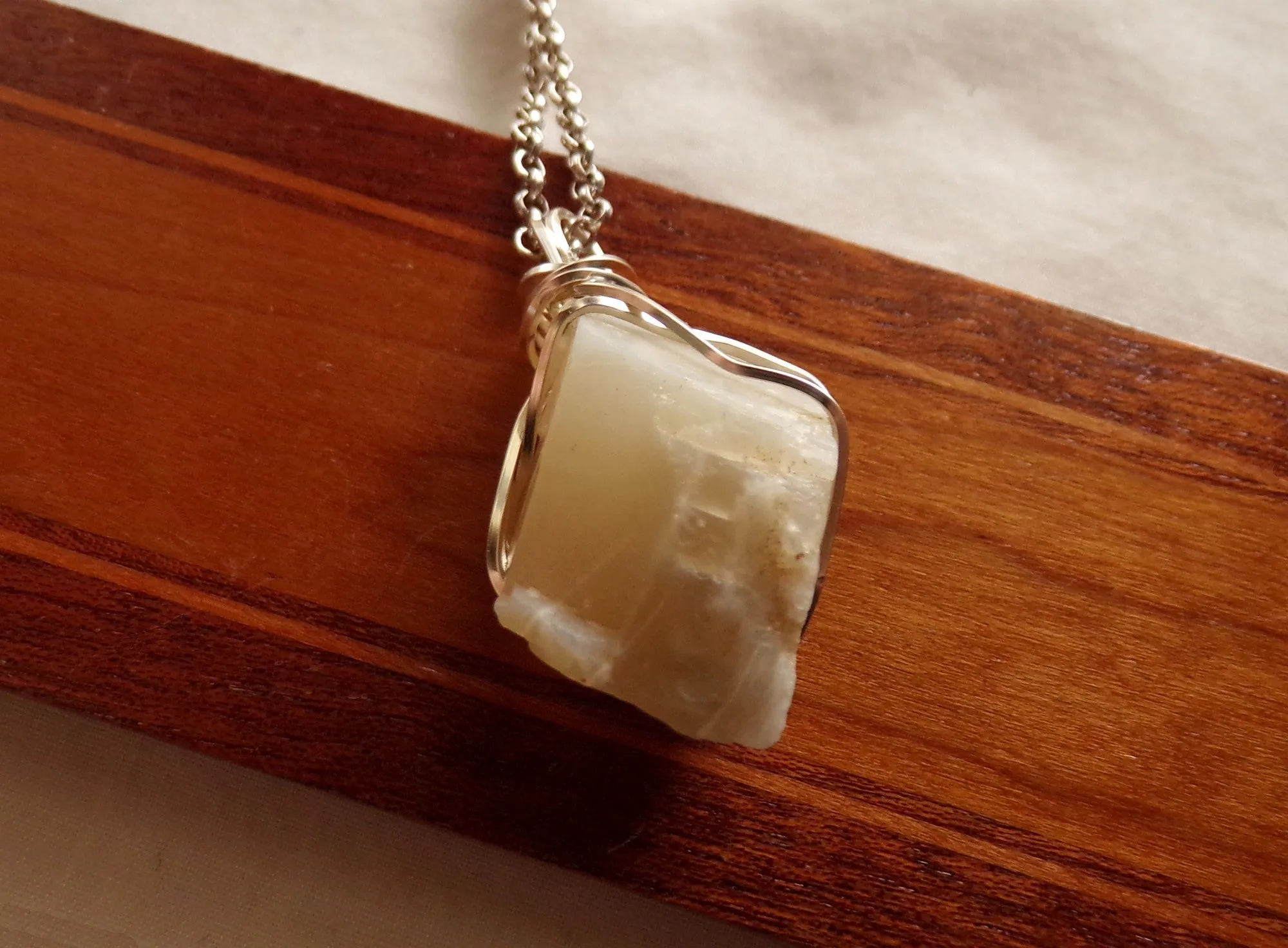 Natural Ivory Moonstone Wire Wrapped Gemstone Pendant Necklace