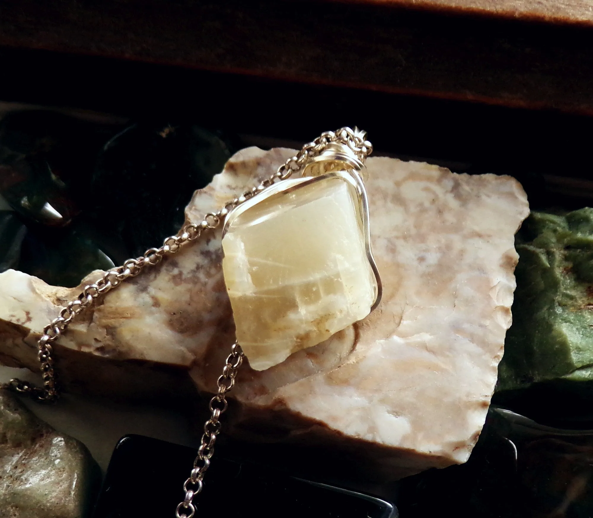 Natural Ivory Moonstone Wire Wrapped Gemstone Pendant Necklace