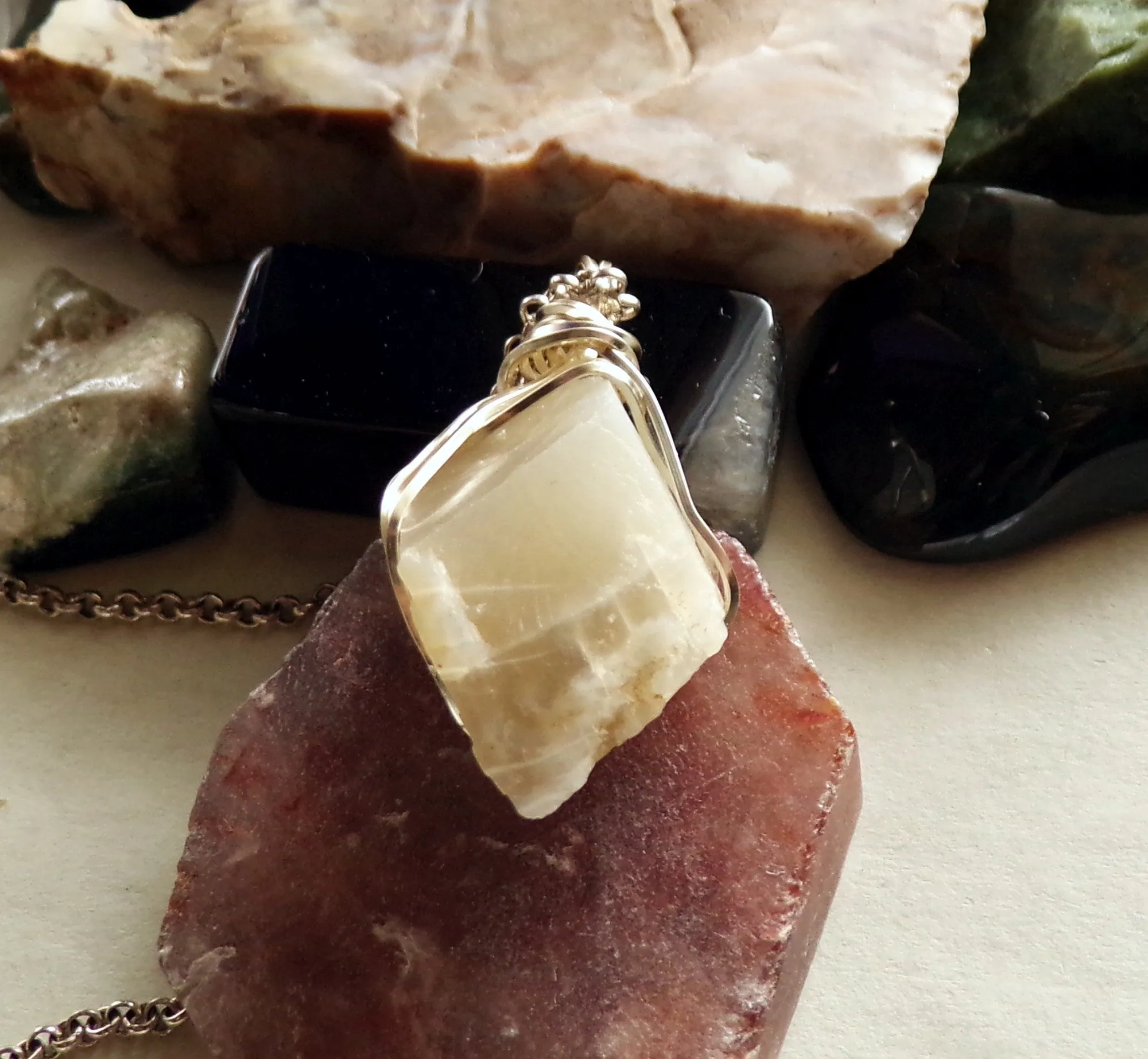 Natural Ivory Moonstone Wire Wrapped Gemstone Pendant Necklace