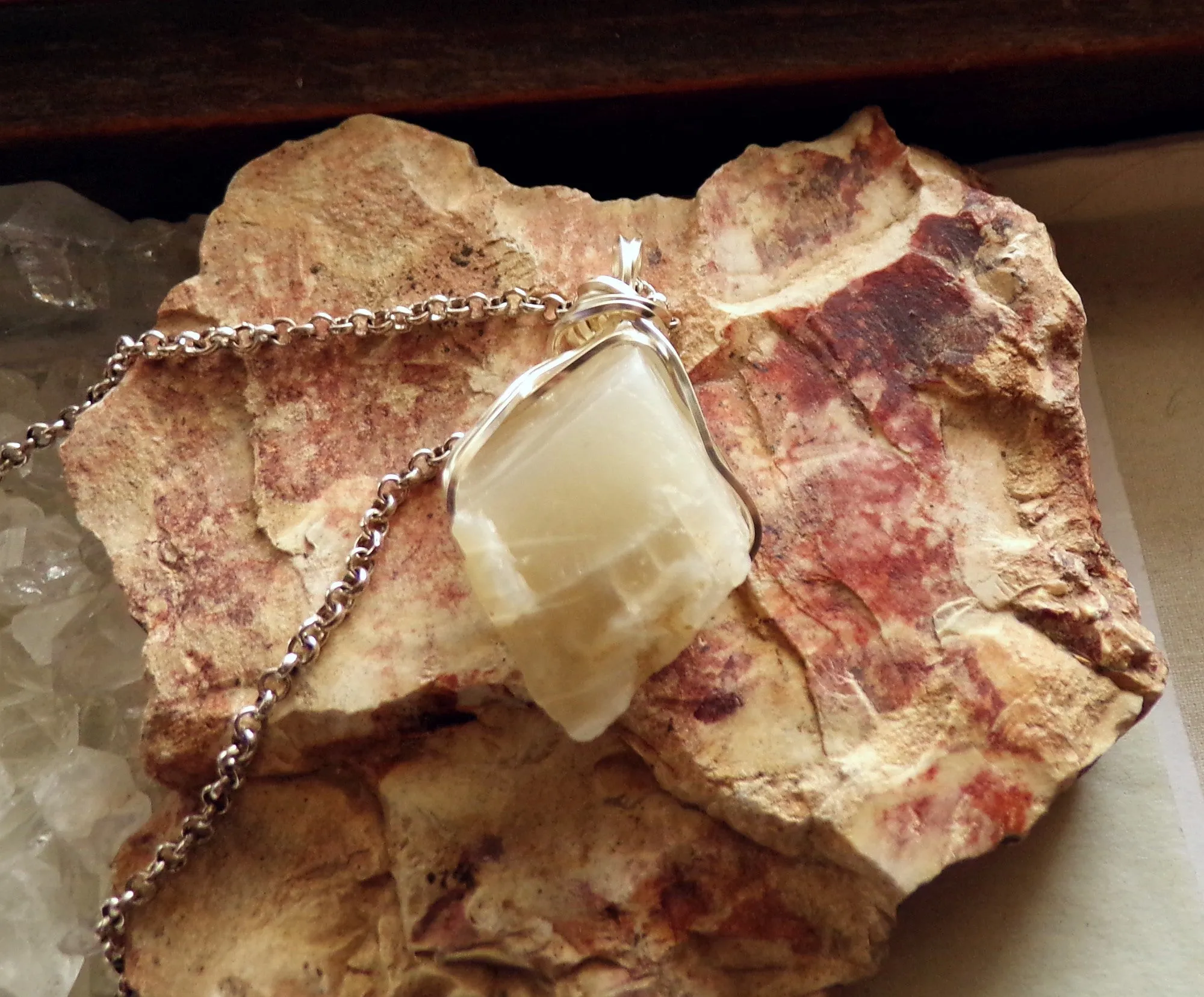 Natural Ivory Moonstone Wire Wrapped Gemstone Pendant Necklace