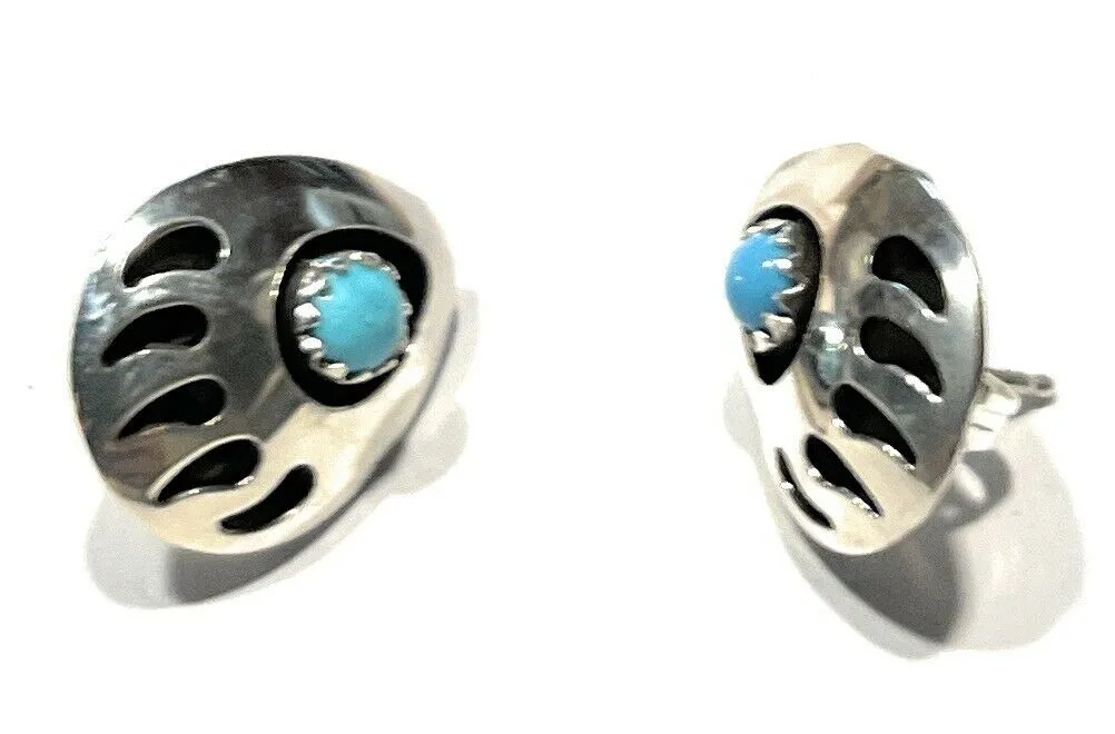 Navajo Sterling Silver And Turquoise Bear Paw Post Earrings