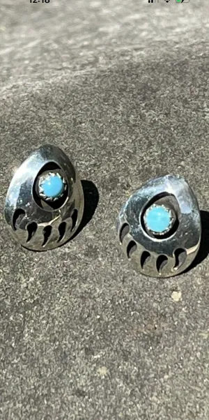 Navajo Sterling Silver And Turquoise Bear Paw Post Earrings