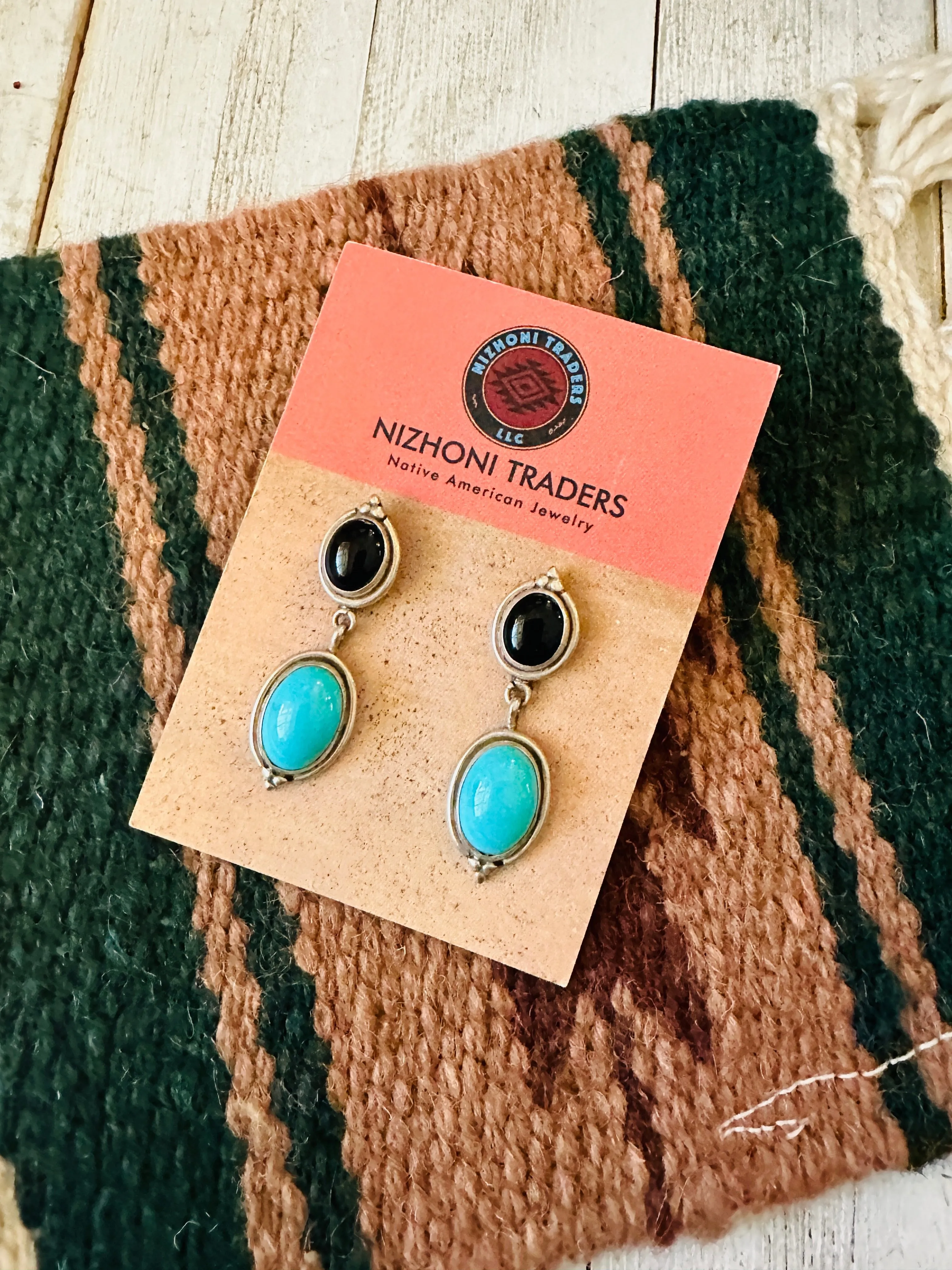 Navajo Sterling Silver, Turquoise & Onyx Dangle Earrings