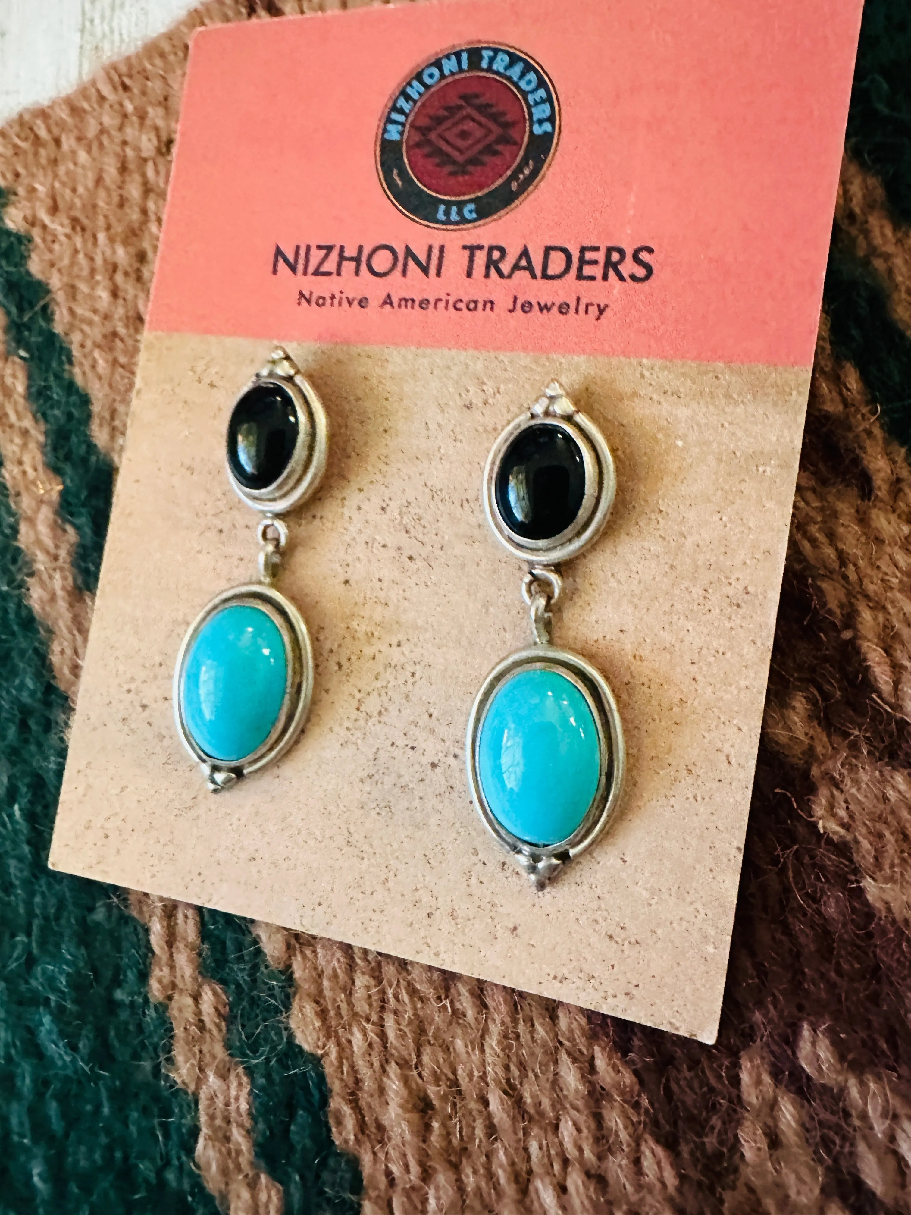 Navajo Sterling Silver, Turquoise & Onyx Dangle Earrings