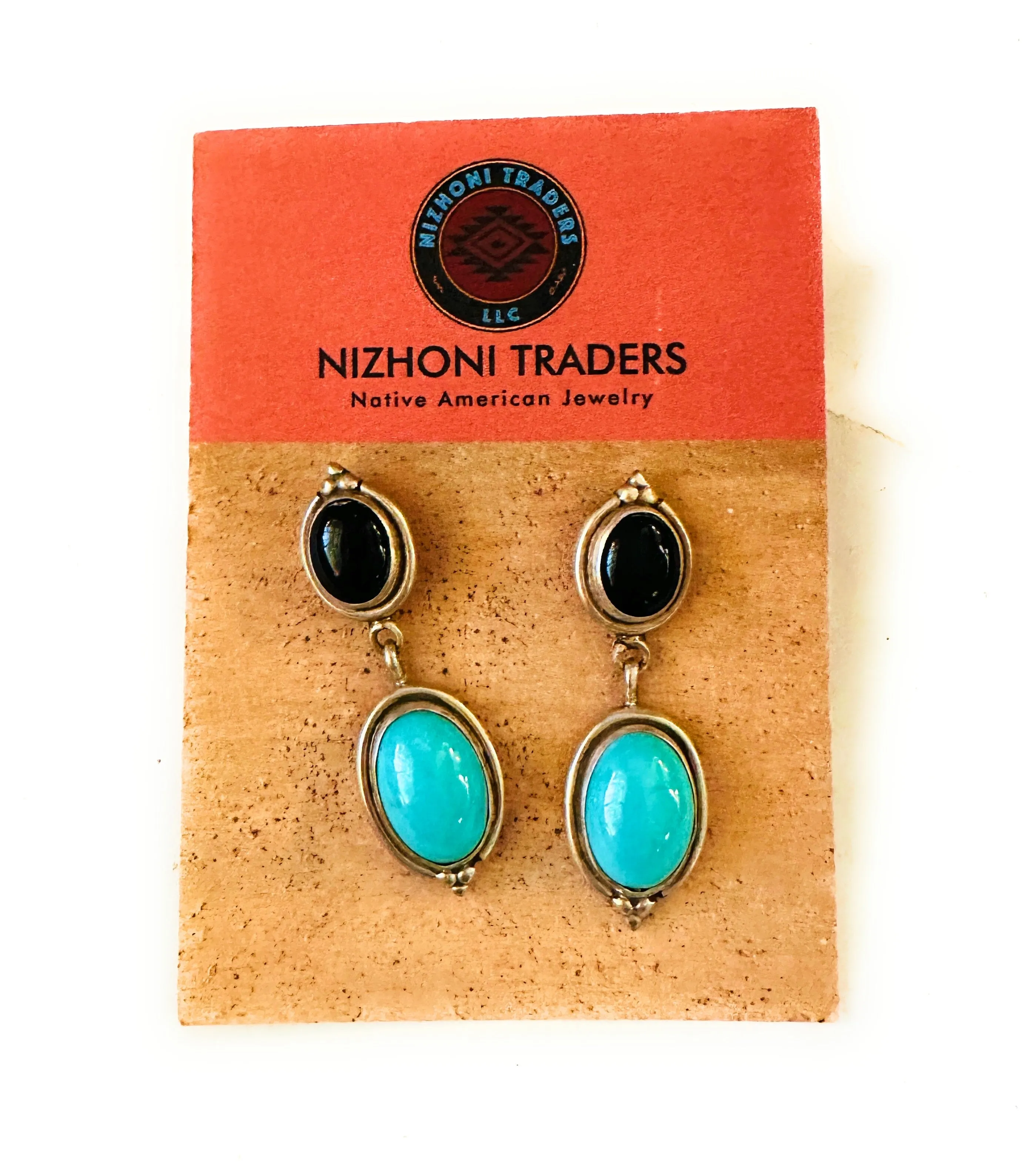 Navajo Sterling Silver, Turquoise & Onyx Dangle Earrings