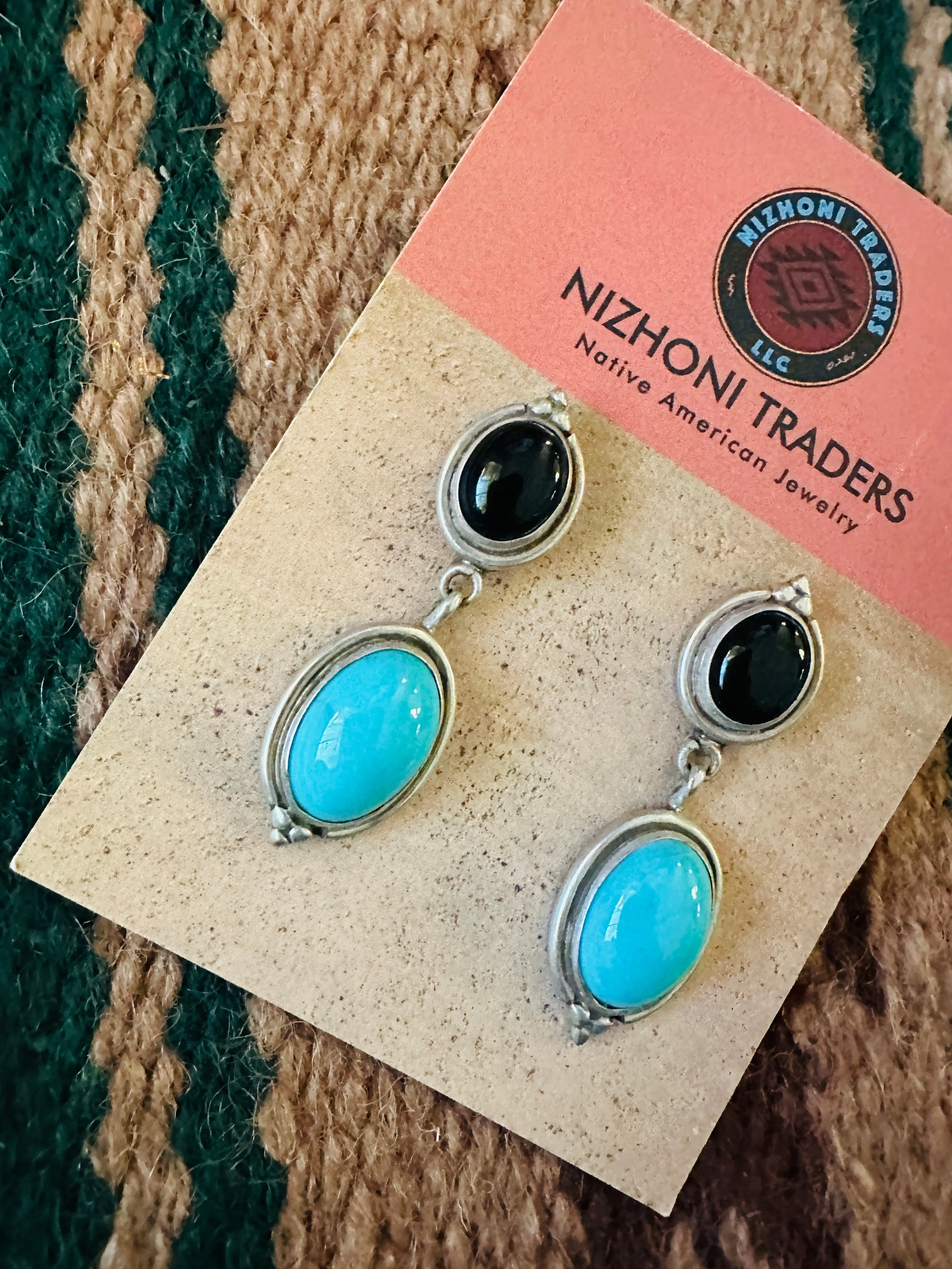 Navajo Sterling Silver, Turquoise & Onyx Dangle Earrings