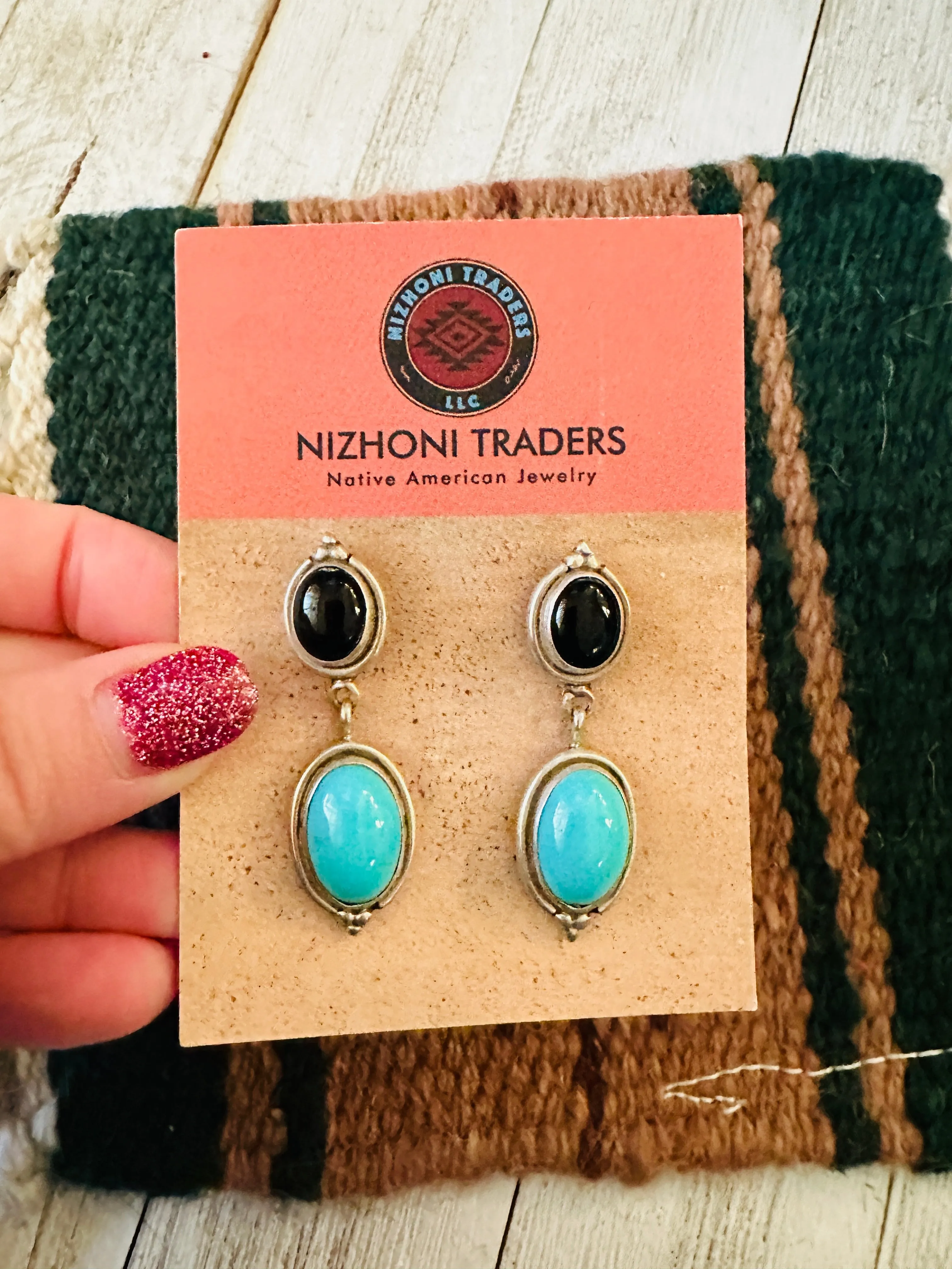 Navajo Sterling Silver, Turquoise & Onyx Dangle Earrings