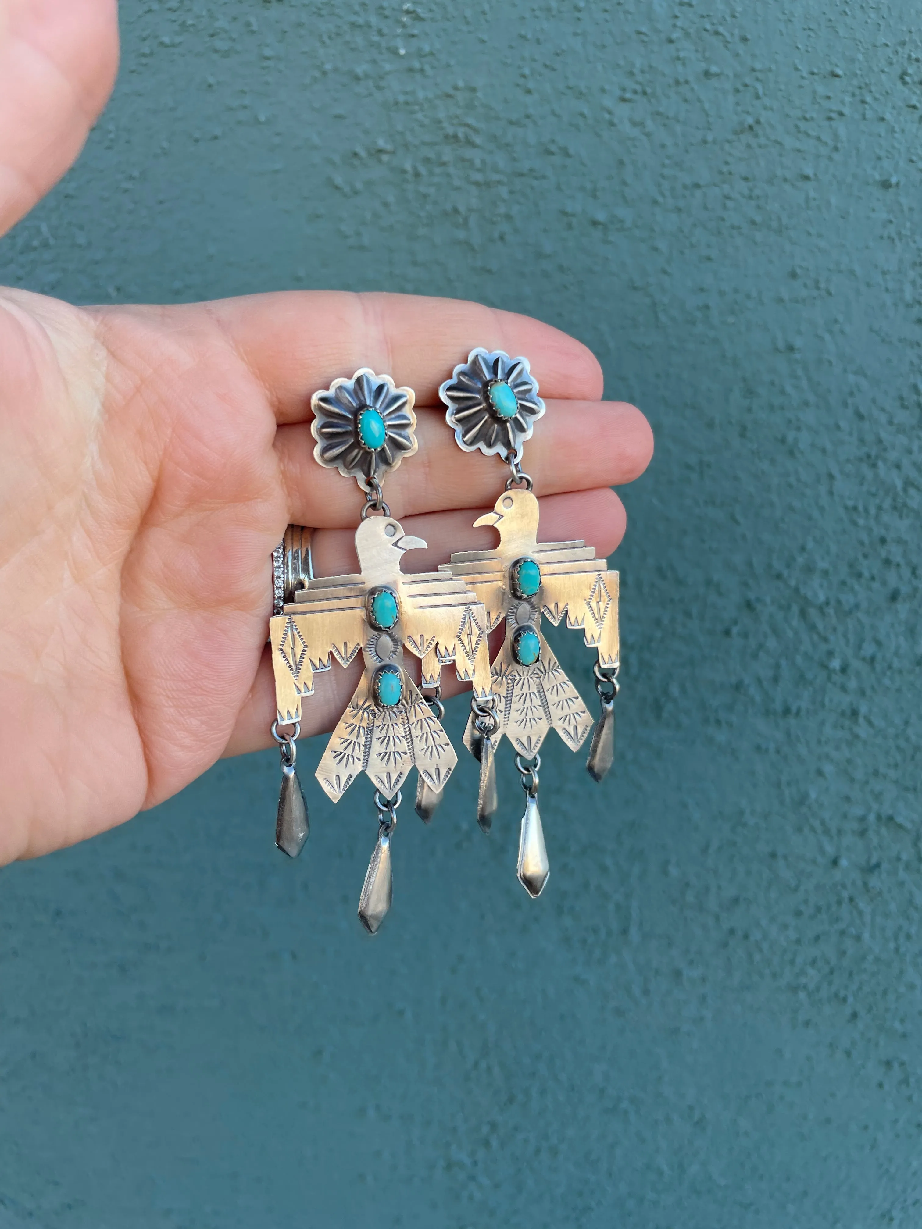 Navajo Turquoise & Sterling Silver Thunderbird Dangle Earrings Signed