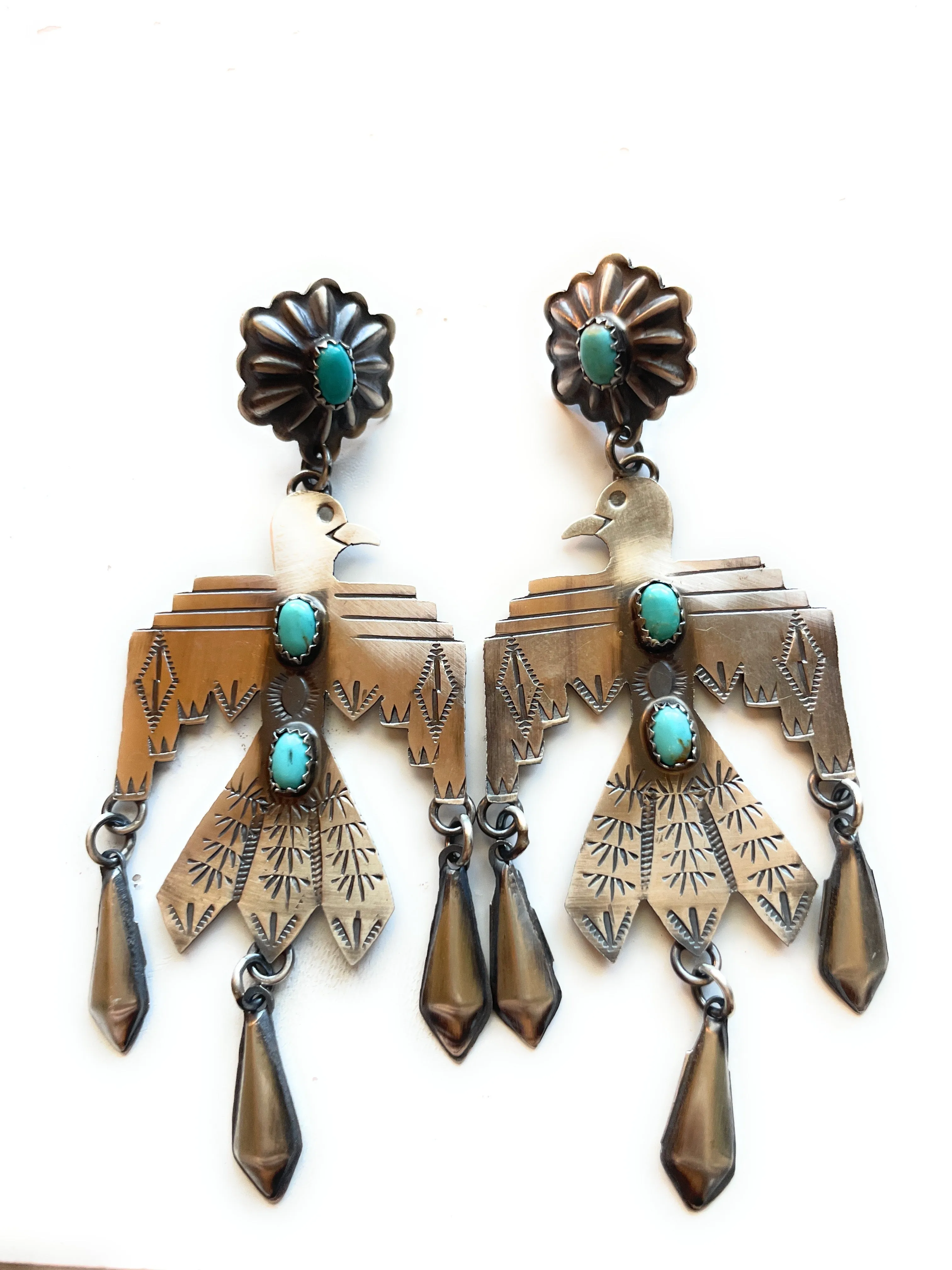 Navajo Turquoise & Sterling Silver Thunderbird Dangle Earrings Signed