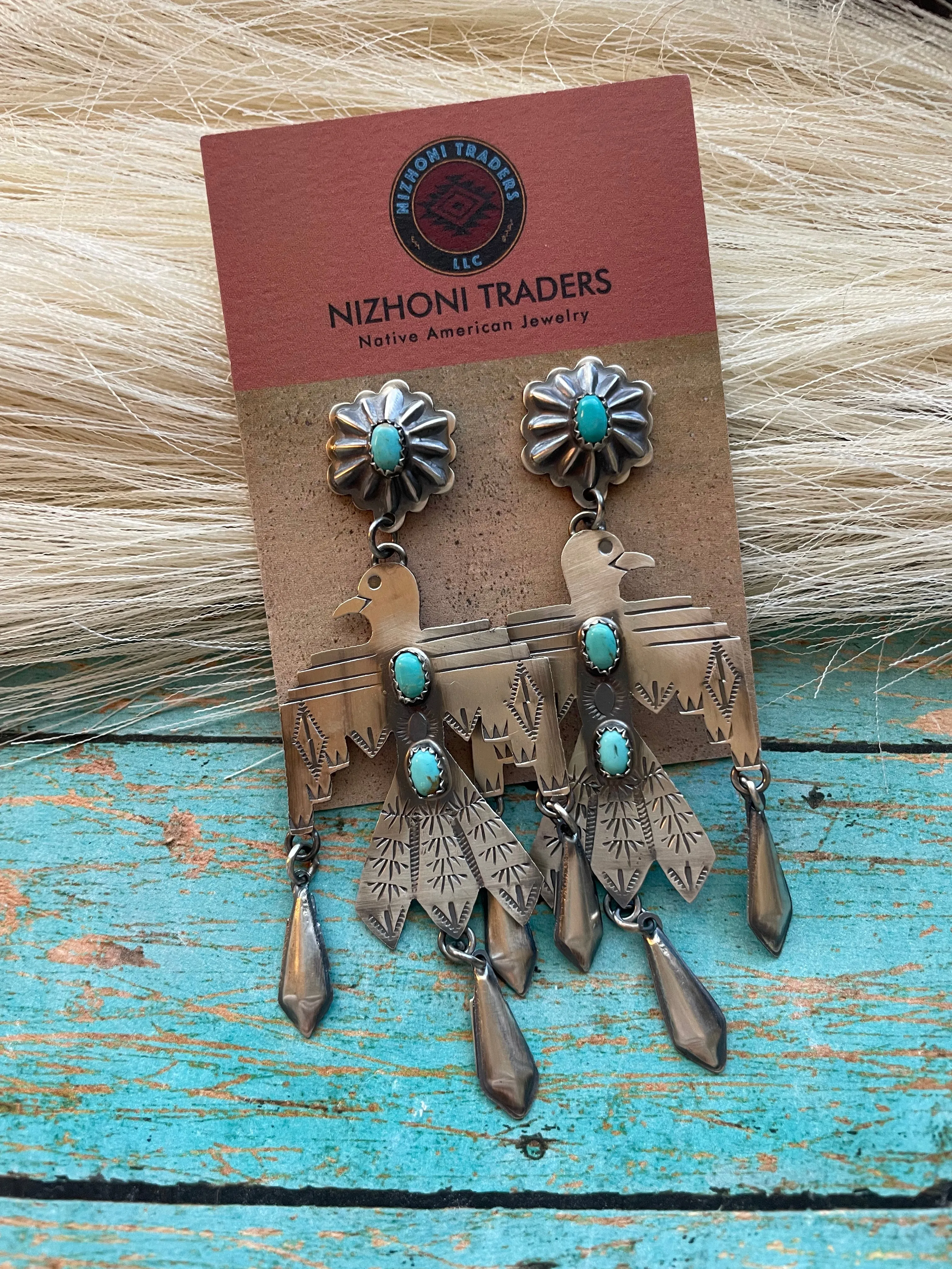 Navajo Turquoise & Sterling Silver Thunderbird Dangle Earrings Signed