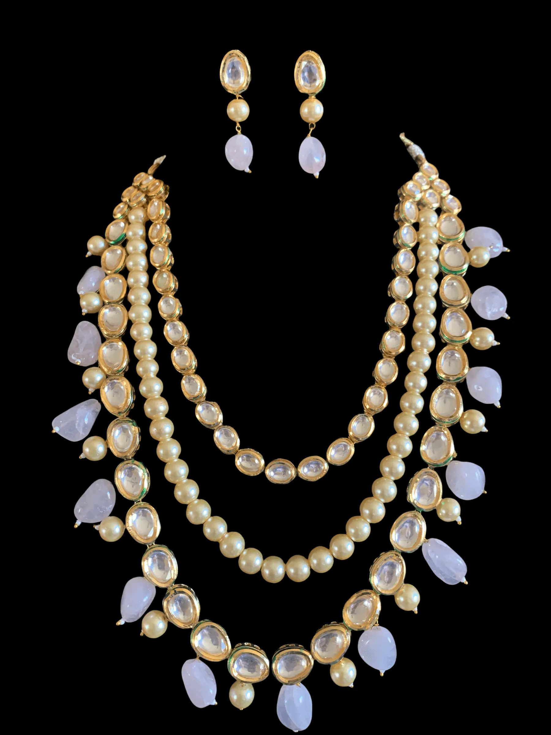 NS158 Leila high quality ac kundan necklace with earrings in rose quartz ( SHIPS IN 4 WEEKS  )