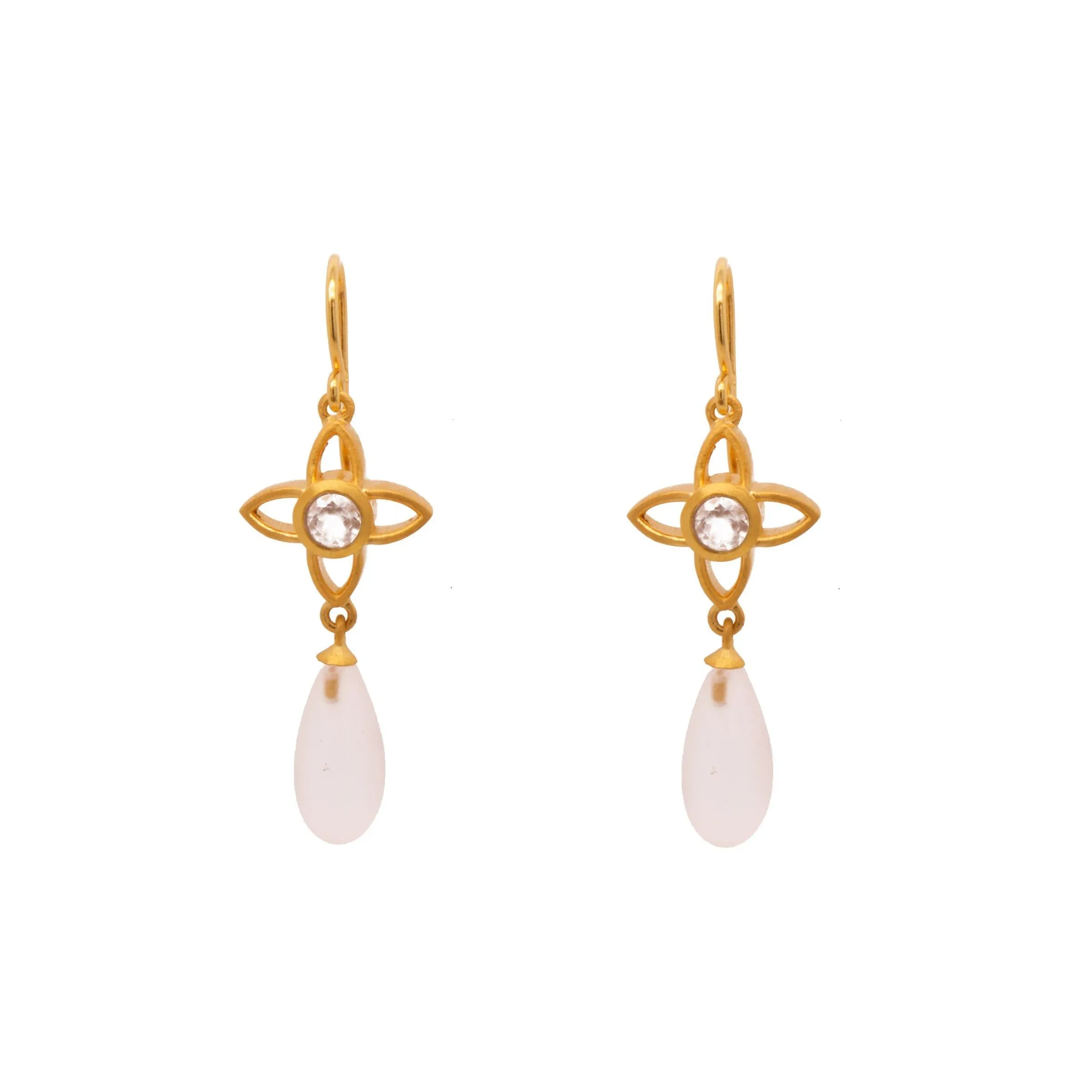 Rose Quartz Matte Joy Flower Earrings 15MM Drop 24K Gold Vermeil