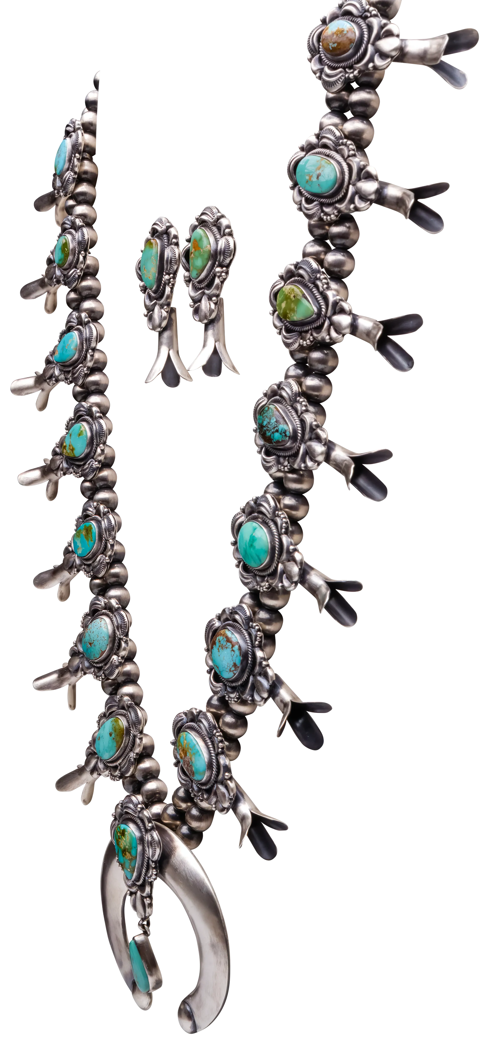 Royston Turquoise Squash Blossom Necklace and Earring Set | Bernyse Chavez