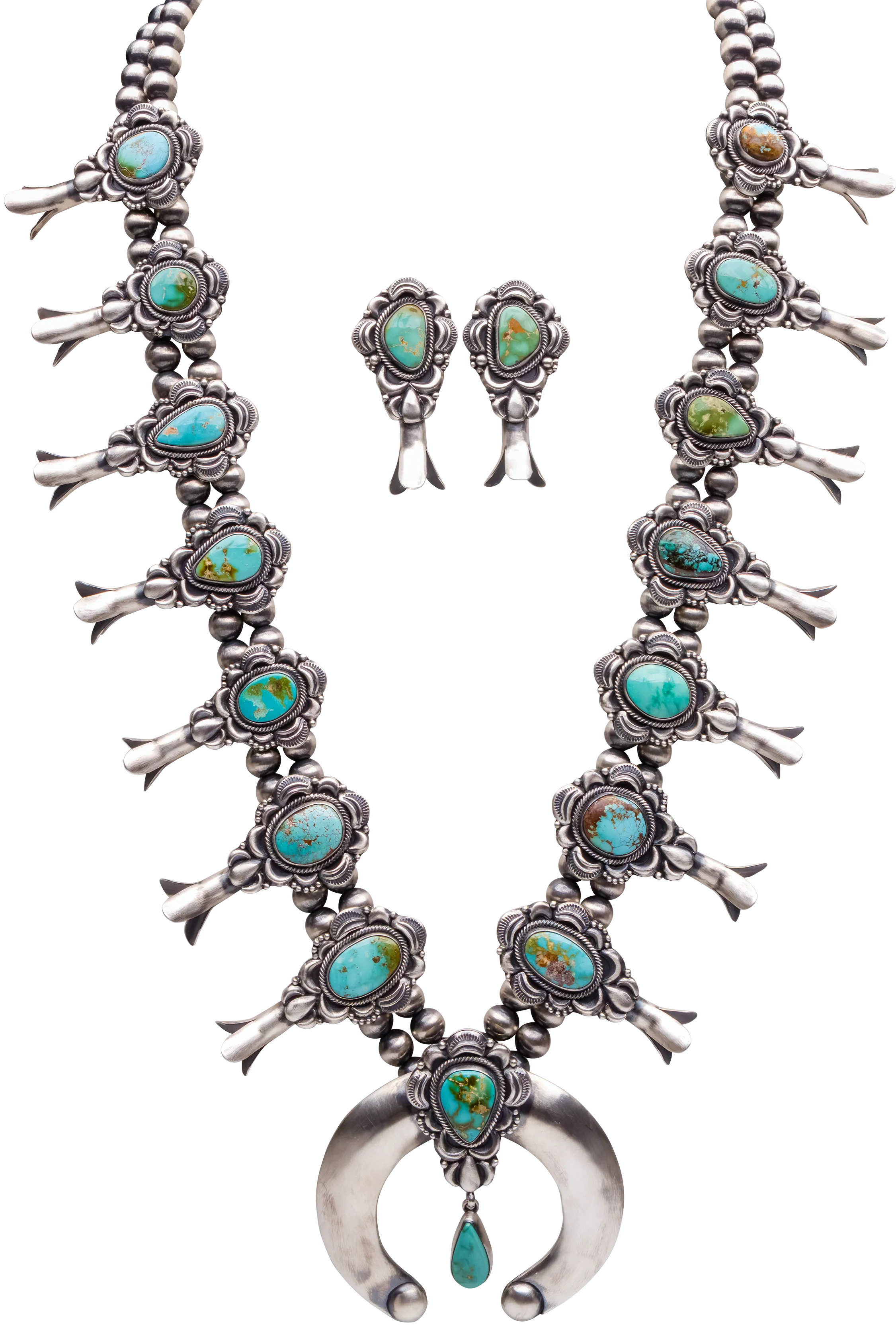 Royston Turquoise Squash Blossom Necklace and Earring Set | Bernyse Chavez