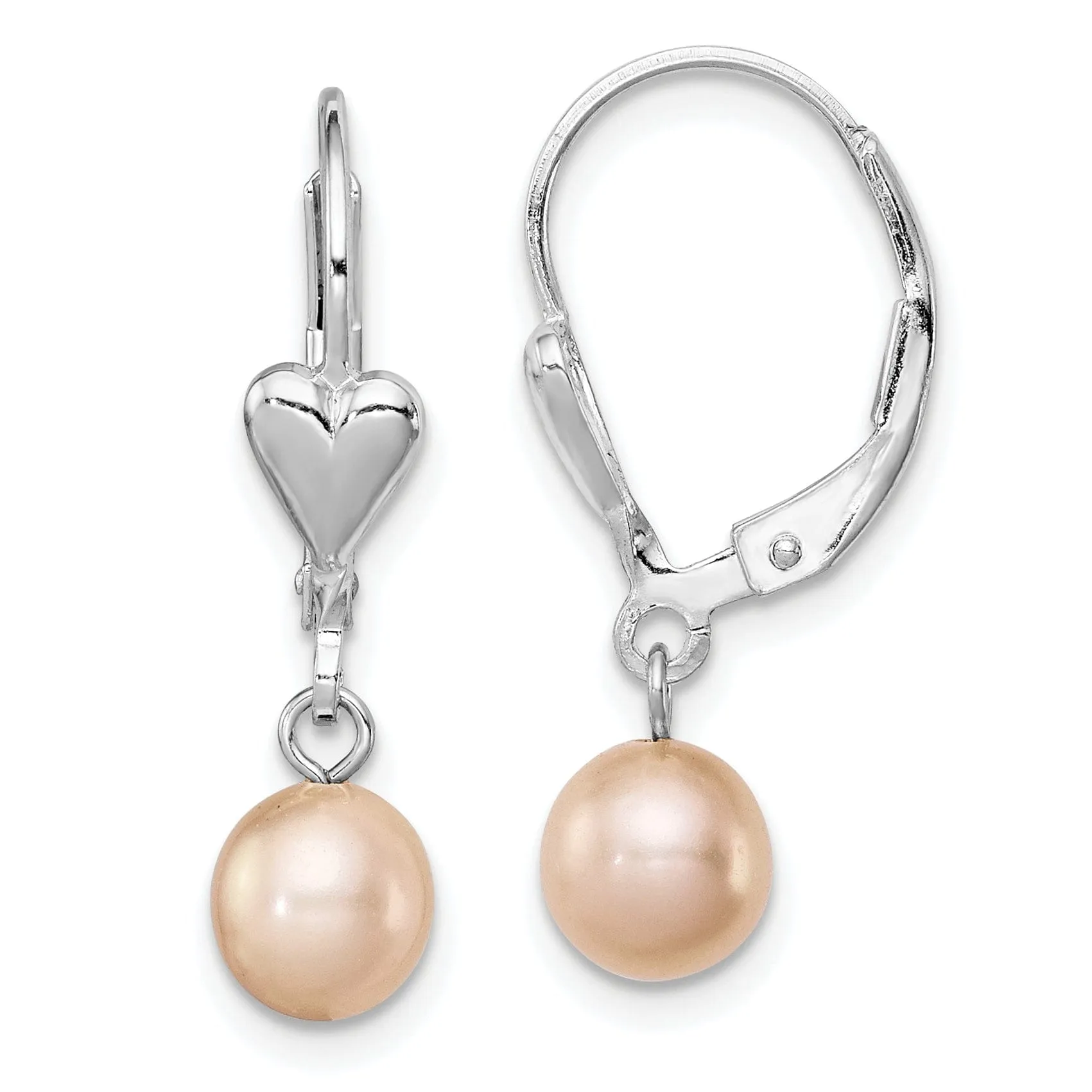 Silver Pink Pearl Dangle Leverback Earrings