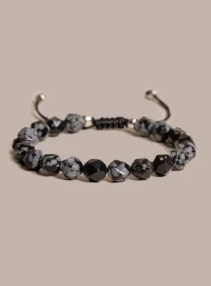 Snowflake Obsidian and Sterling Silver Men's Bead Bracelet