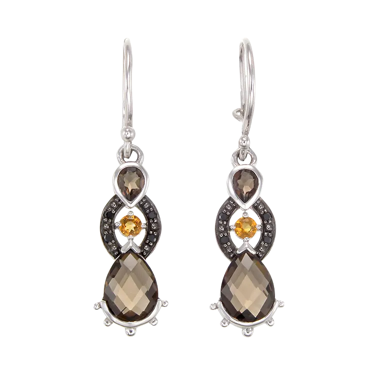 Sophisticated Smoky Quartz, Citrine and Black Diamond Earrings